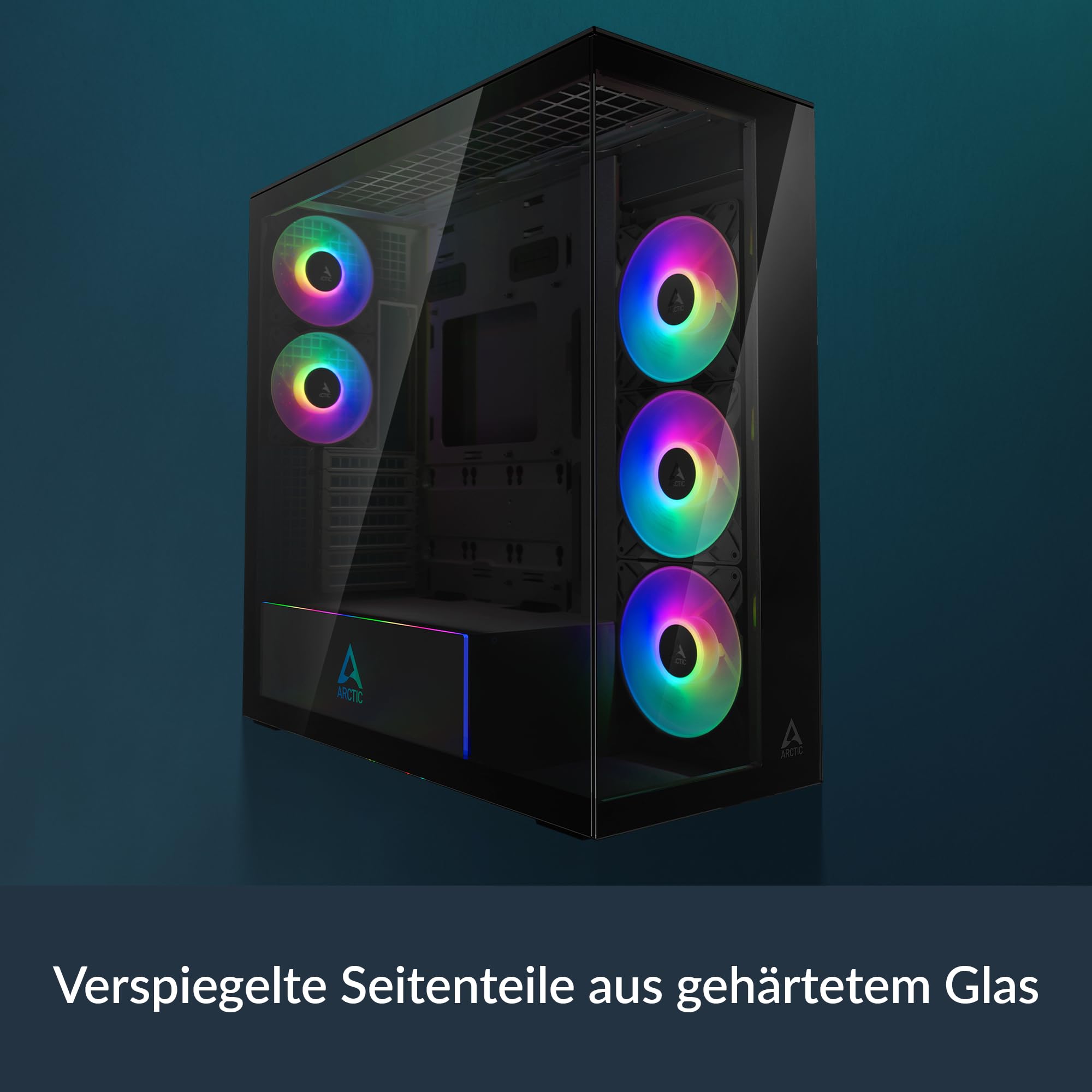 ARCTIC Xtender Black (Mirror Glass) - PC-Gehäuse, Verspiegeltes Glas, 2X 420 mm Radiator Support, Full Tower, Big Tower, E-ATX, 5X A-RGB Lüfter vormontiert - Schwarz