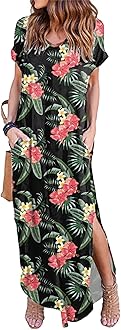 HUSKARY Women's Summer Maxi Dress Casual Loose Pockets Long Dress Short Sleeve Split
