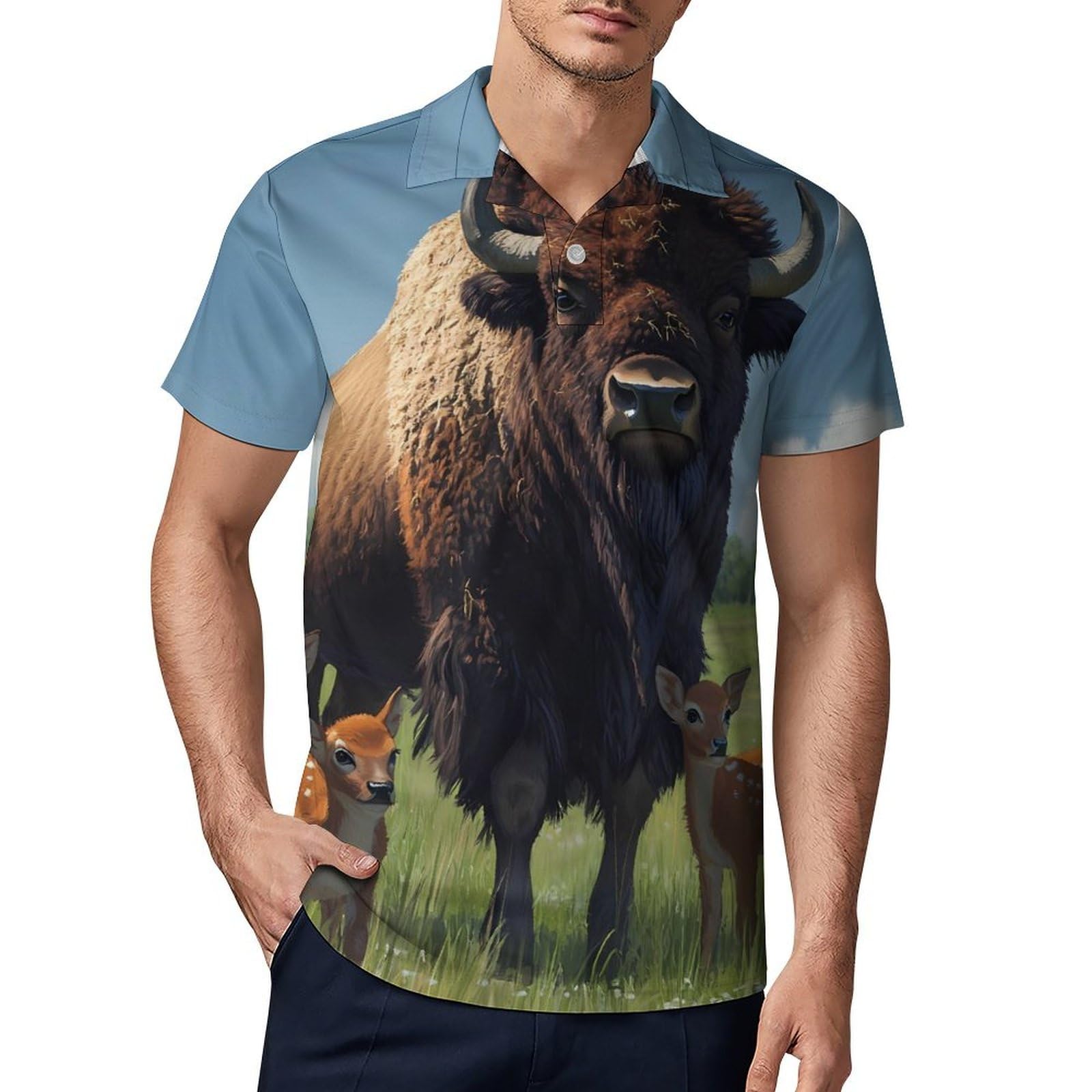 Bison and Deers Novelty Men's Short Sleeve Shirts Funny Golf Tennis Work T-Shirt Sport Tee 3XL