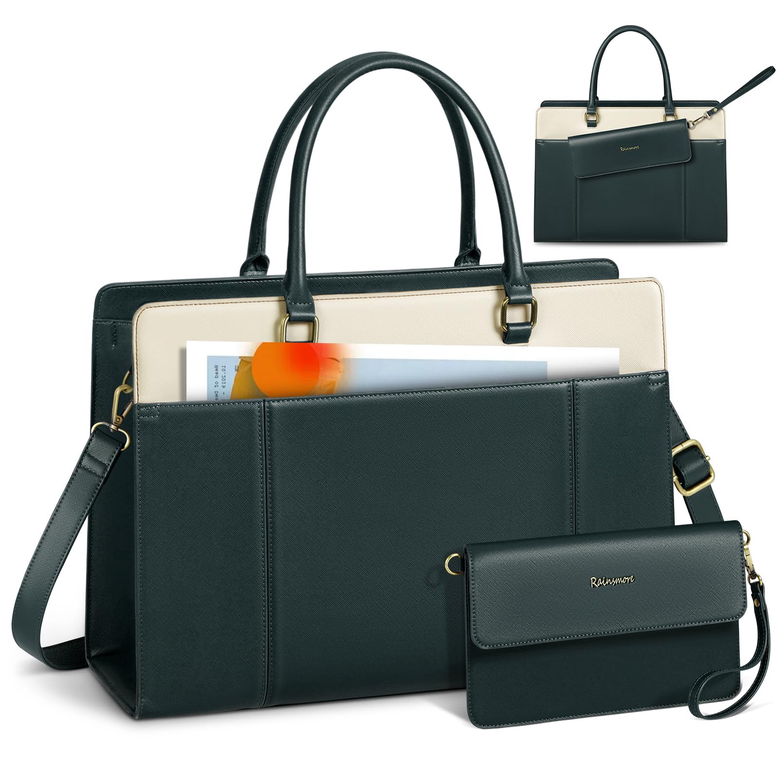 RAINSMORE Laptop Bag for Women 15.6 inch Leather Laptop Tote Bag Large Computer Bags Waterproof Business Office Work Bags Briefcase with Satchel Purse 2pcs Set, Dark Green