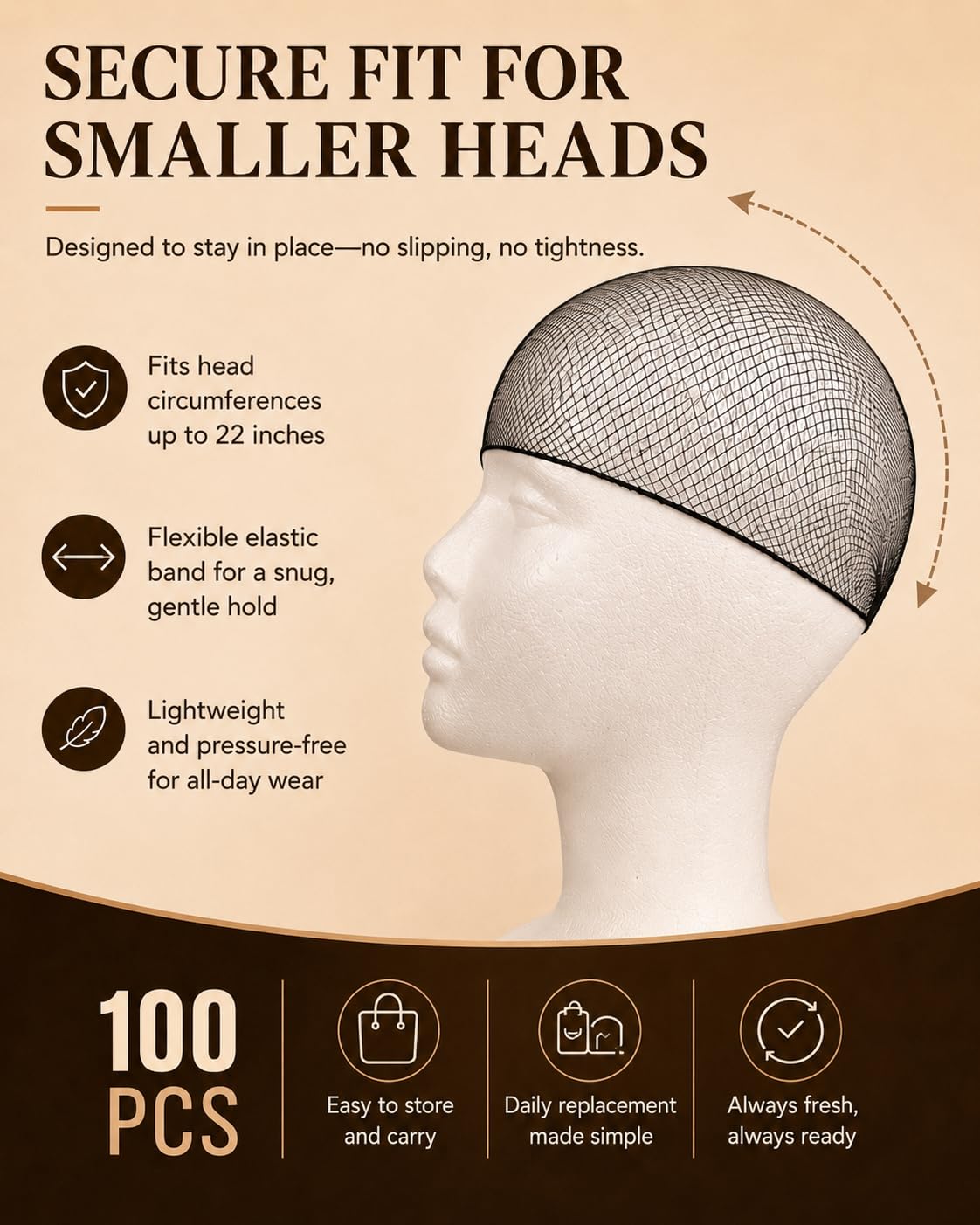 Smilco 100-Pack Hair Nets for Men, Low-Profile Stretch Fit (black) | Fine nylon mesh; Flexible elastic edge; Breathable feel; Suited to short-to-medium styles and smaller head circumferences