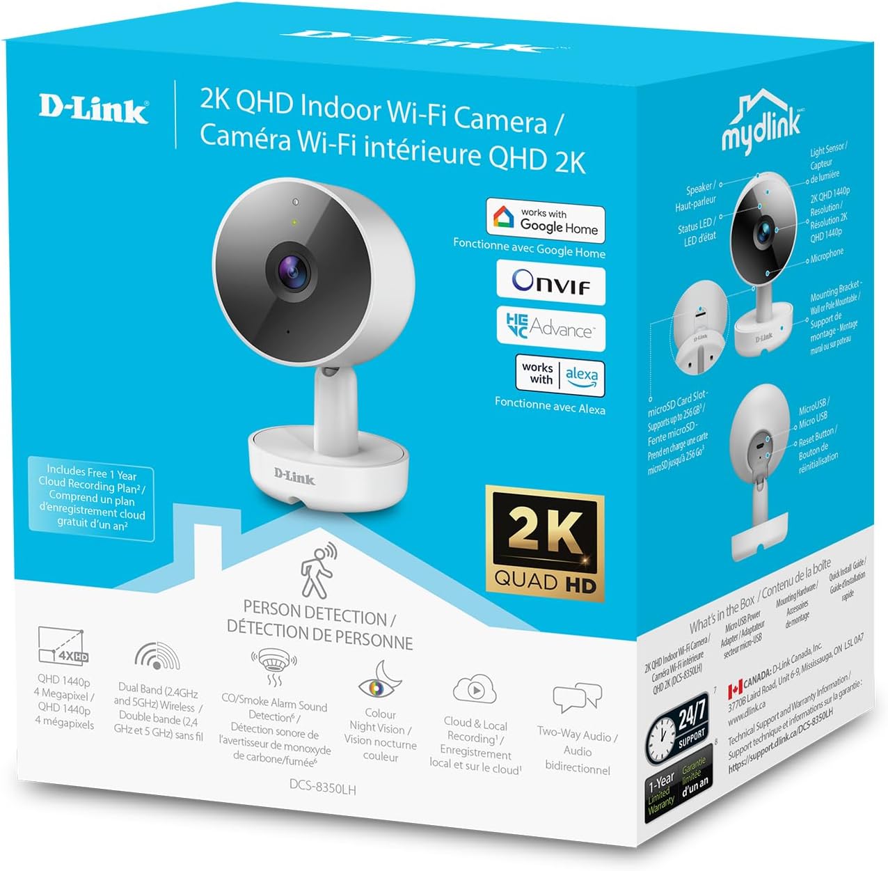 D-Link mydlink 2K Indoor WiFi Camera product box showing contents and features