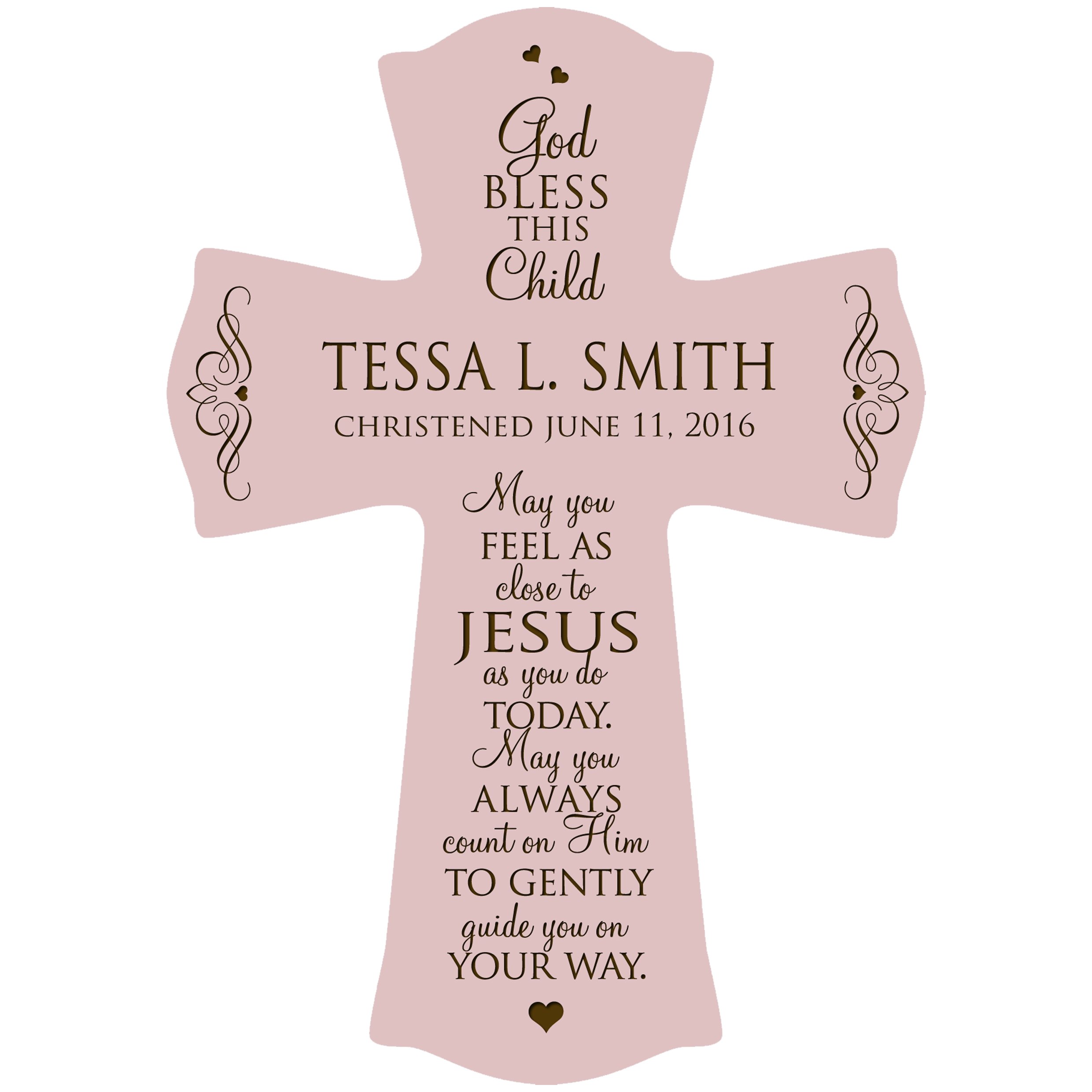 LifeSong Milestones Personalized Baptism 1st Holy Communion Christening Wall Cross Decoration May You Feel As Close to Jesus (8.5" x 11", Pink)