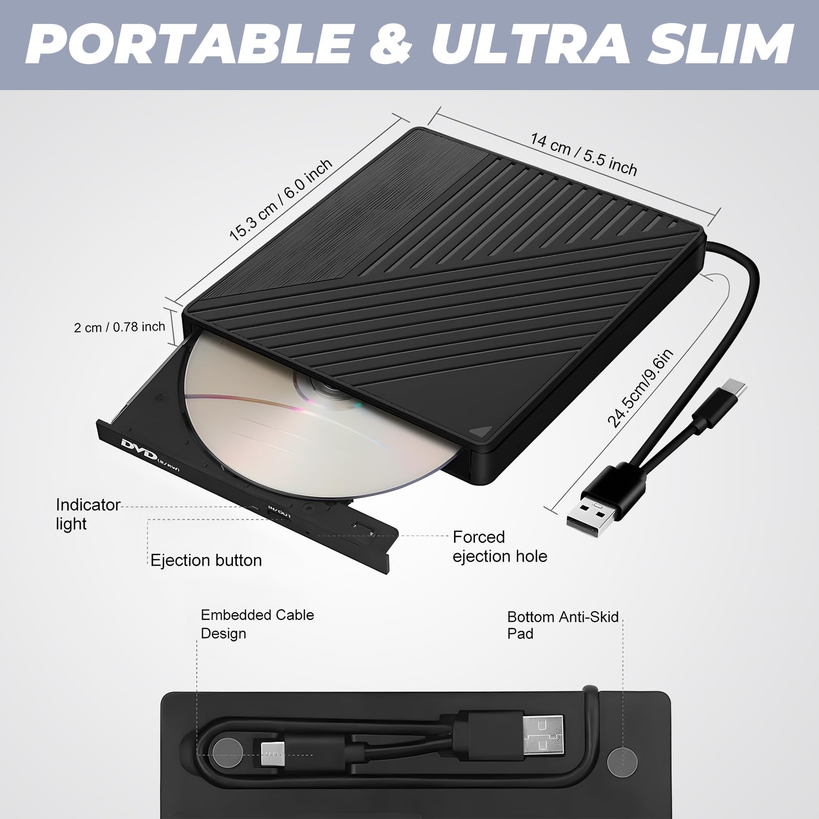 Lector DVD Externo ara PC, Lector CD Externo, USB 3.0 grabadora DVD Externa, Tarjetas SD TF y 2 Puertos USB,Disquetera Externa USB Win11/Win10/Win7/Win 8.1/Linux,Vista MacBook Mac OS