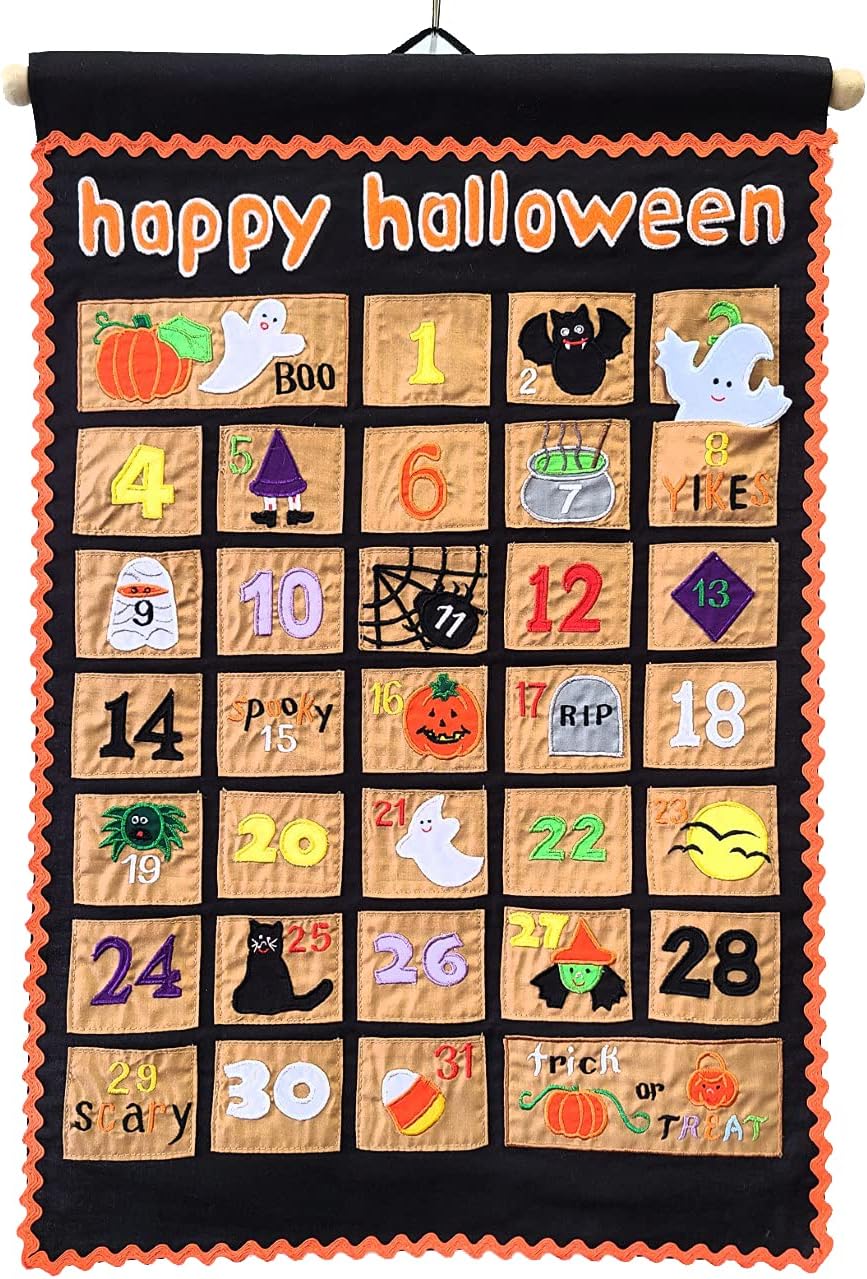 Happy Halloween Advent Countdown Calendar Decoration for Kids and Family by My Growing Season | Wall Hanging Fabric Decor with Detachable Friendly Ghost Finger Puppet