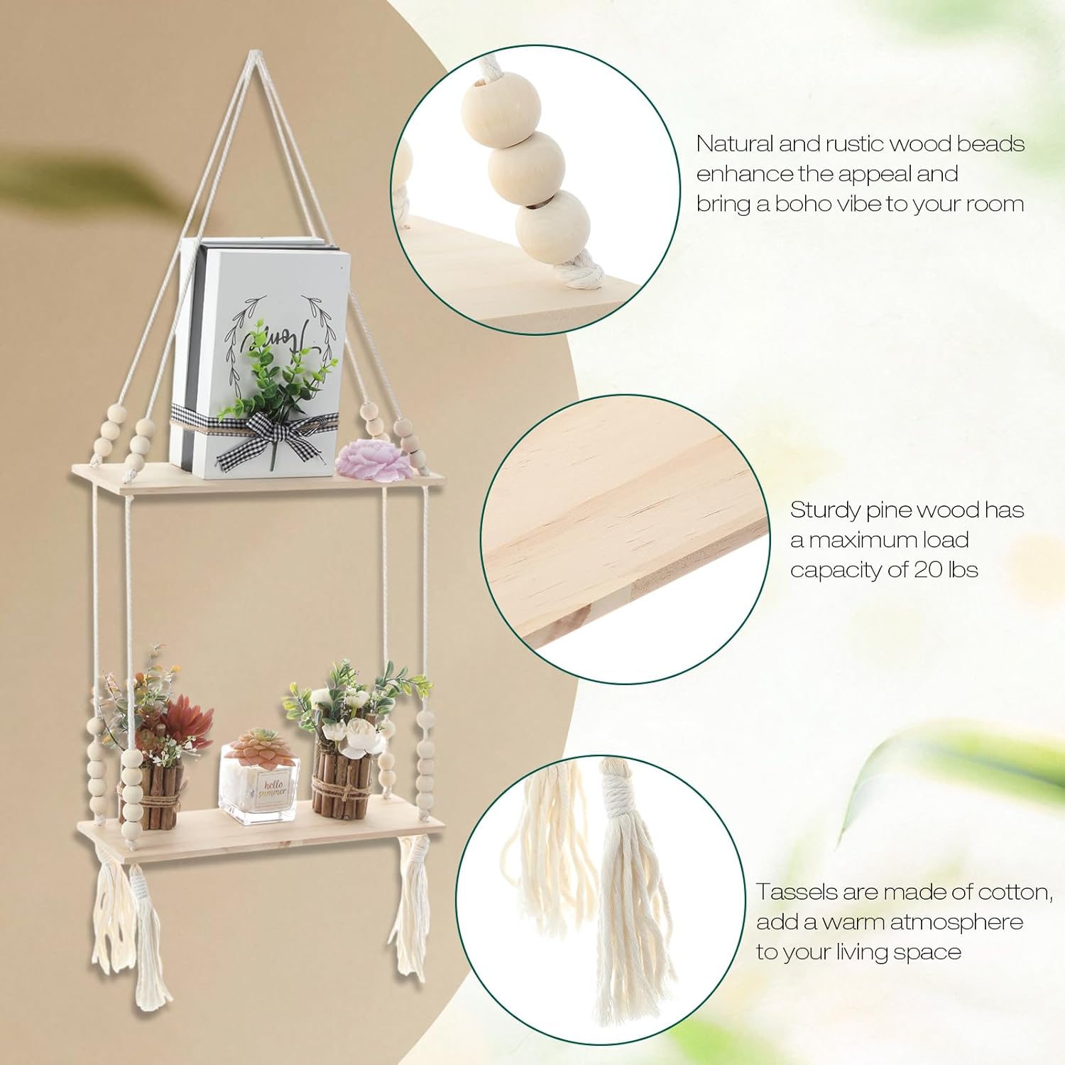 Chunful 2 Pack Macrame Wall Hanging Shelf 2-Tier Boho Wooden Display Floating Shelf Wooden Rustic Plant Rope Hanger Rack with Beads and Tassel for Wall Decor Bedroom Dorm Nursery Living Room Bathroom