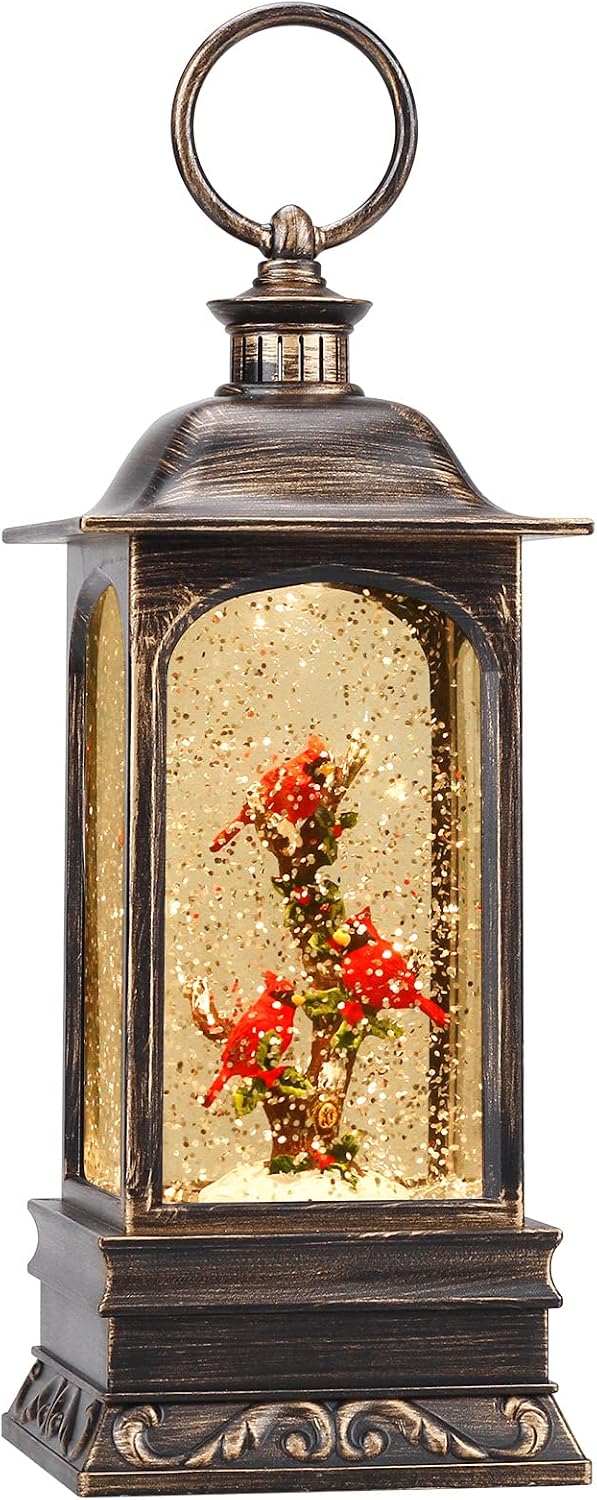 Christmas Decorations Musical Snow Globe Lantern, Glittering Lighted Plug-in , 3 AA Battery Operated & USB Powered, Cardinal Bird