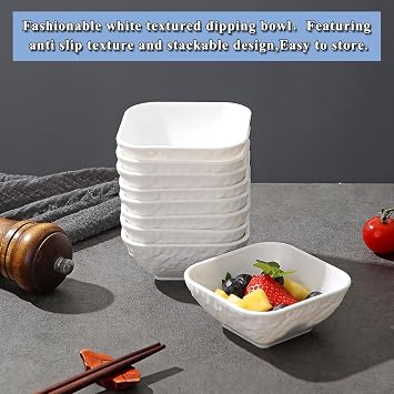 Kyraton Dip Bowls Set 12pcs 180ml, White Plastic Dipping Bowls Soy Sauce Plate for Side Dishes, Reusable, Condiment Server for Tomato Sauce, Vinegar, BBQ and Party Dinner, Mini Appetizer Plates.