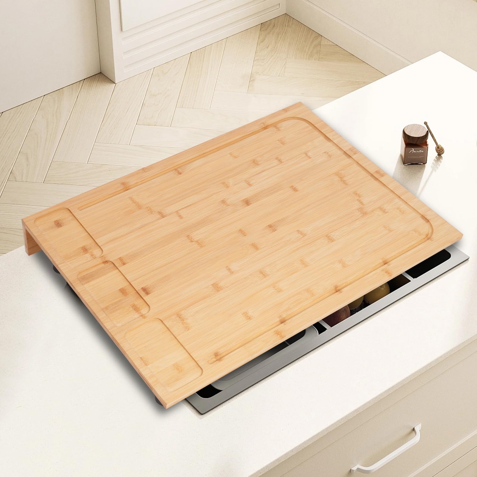 Cache-plaque rectangulaire en bambou - Dimensions : 75 x 54 cm - Multifonction comme planche à découper et plateau - Avec 4 pieds de support amovibles
