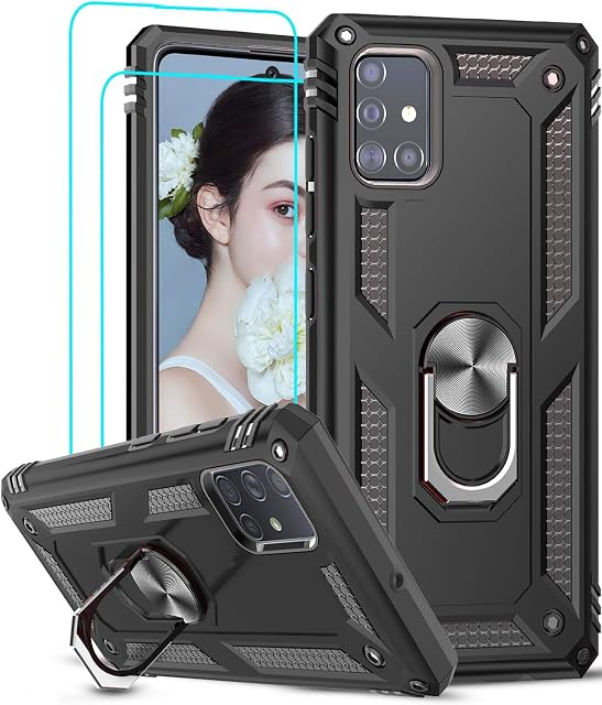 LeYi for Samsung Galaxy A51 Case and Tempered Glass Screen Protector(2 Pack),Magnetic Ring Holder [Military Grade] Protective Silicone Shockproof Tough Armour Hard Phone Cover for Samsung A51 Black