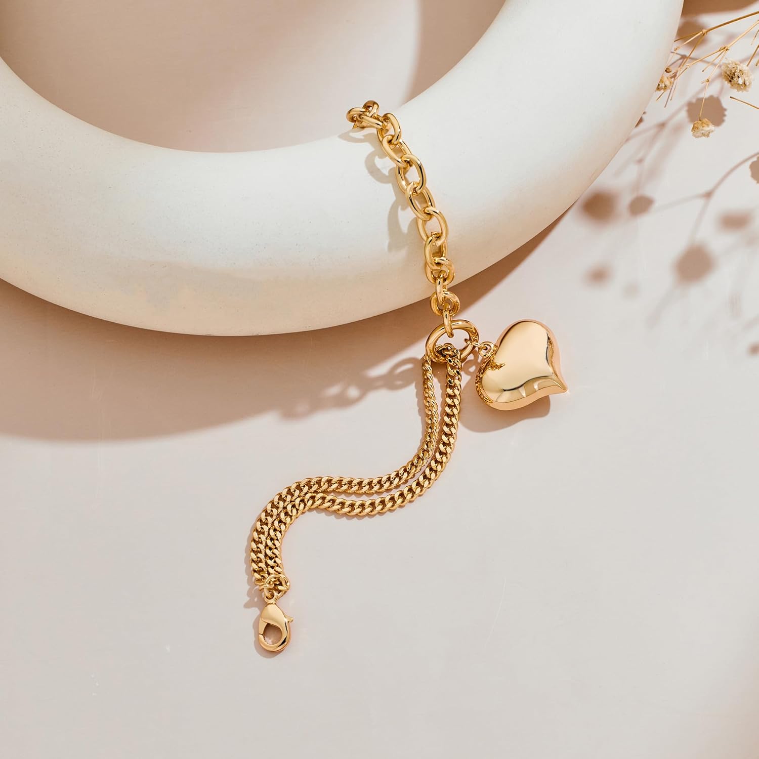 Gold Heart Charm Chain Bracelet for Women, Chunky Link Bracelet Adjustable Fashion Jewelry - Image 4