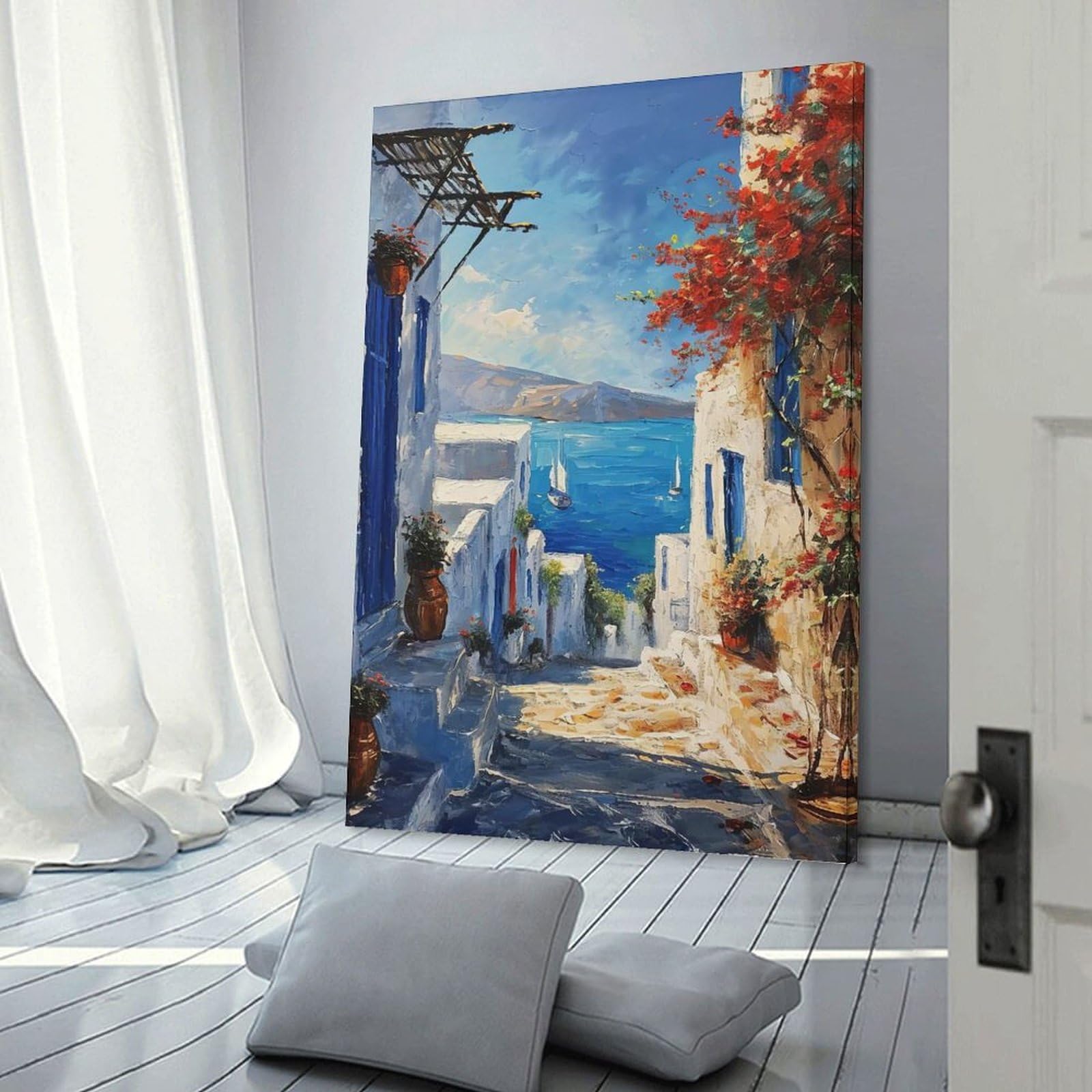 Junmoney Seaside Blue Haven Wall Art Print, 20x30inch(50x75cm), for Entrance Spaces, Stair Walls Or Halls, Home Artwork for First Impressions