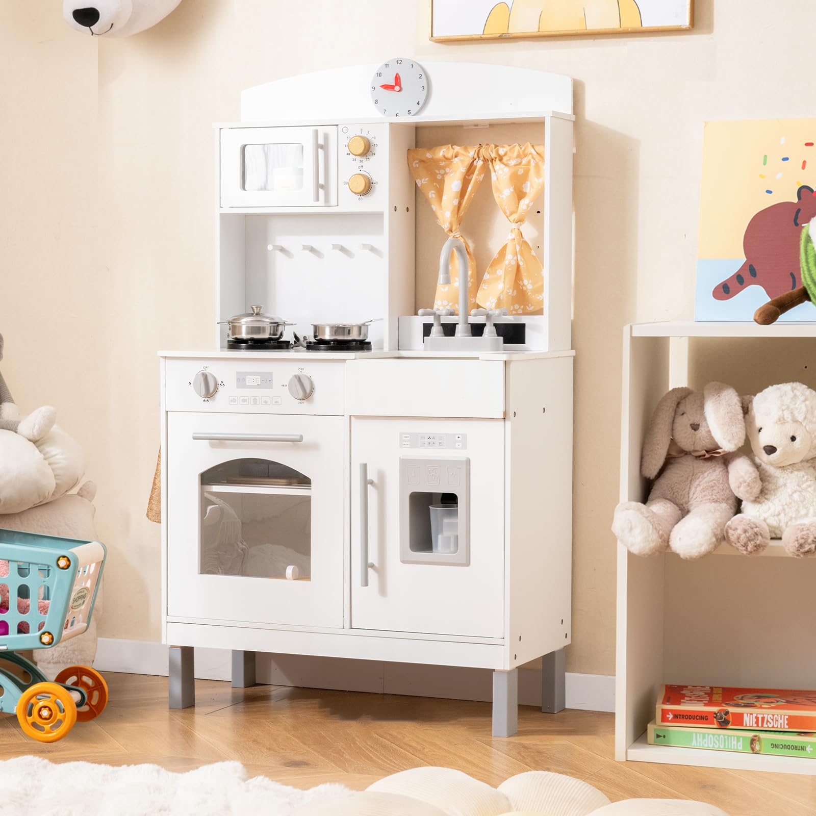 COSTWAY Kinderküche inkl. Zubehör, Spielküche höhenverstellbar mit Mikrowelle, Herd, Spüle, Ofen & Eismaschine, Spielzeugküche Holzküche für Kinder ab 3 Jahren