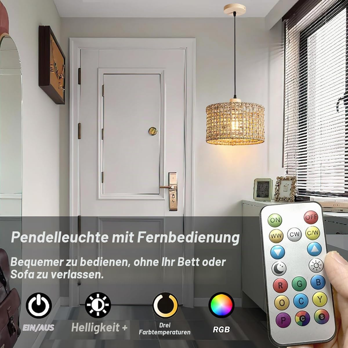 KZT Bambus Pendelleuchte mit Batterie und Fernbedienung Batteriebetriebene Hängeleuchte Rattan Hängelampe Mit 10.000 mAh RGB wiederaufladbaren Glühbirnen für Küche, Keine Verkabelung erforderlich