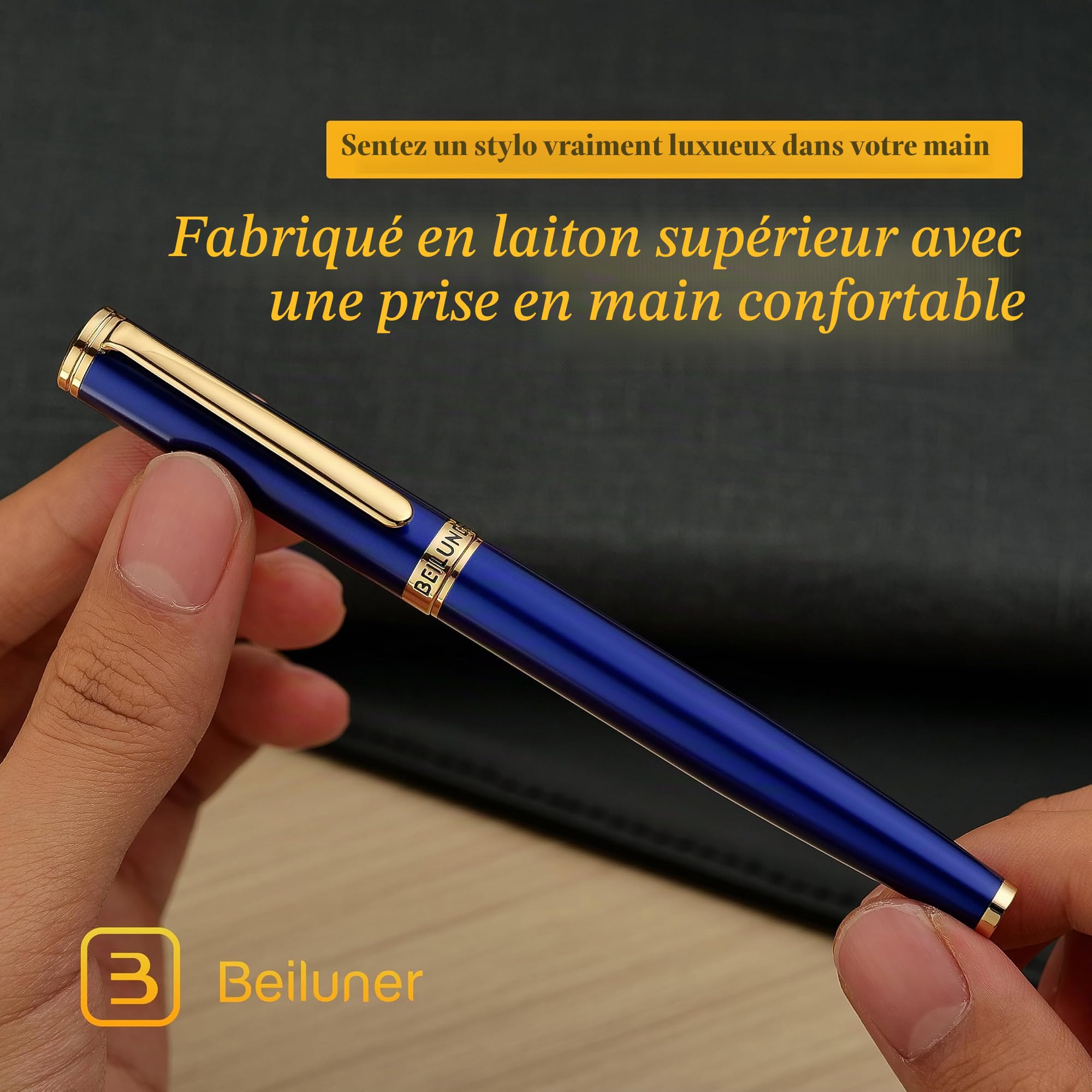 BEILUNER Stylo Plume de Luxe, Magnifique Finition Piano Laqué et Or 24K, Cadeau Fiable avec Convertisseur pour Hommes & Femmes, Stylo Élégant pour l'Écriture - Bleu & Or, Plume Moyenne