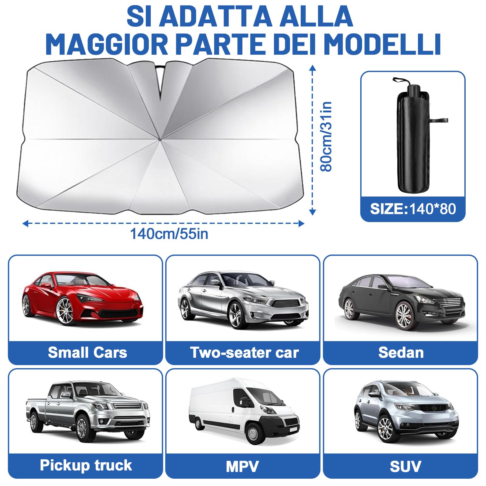 Parasole Auto Parabrezza,2025 Più Recente Parasole Anteriore Pieghevole,Pieghevole Ombrello Parasole Auto,Universale Protezione dai Raggi UV Ombrello per Pieghevole Parasole