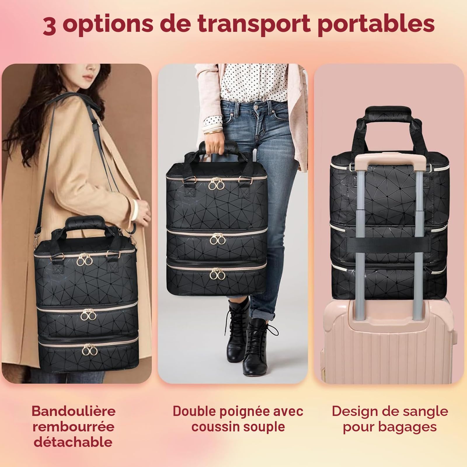 Sac Organisateur pour Vernis à Ongles, Trousse de Rangement à 3 Couches pouvant contenir 84 flacons et Une Lampe à Ongles, Grand Sac à bandoulière pour Outils de manucure (Motif géométrique)