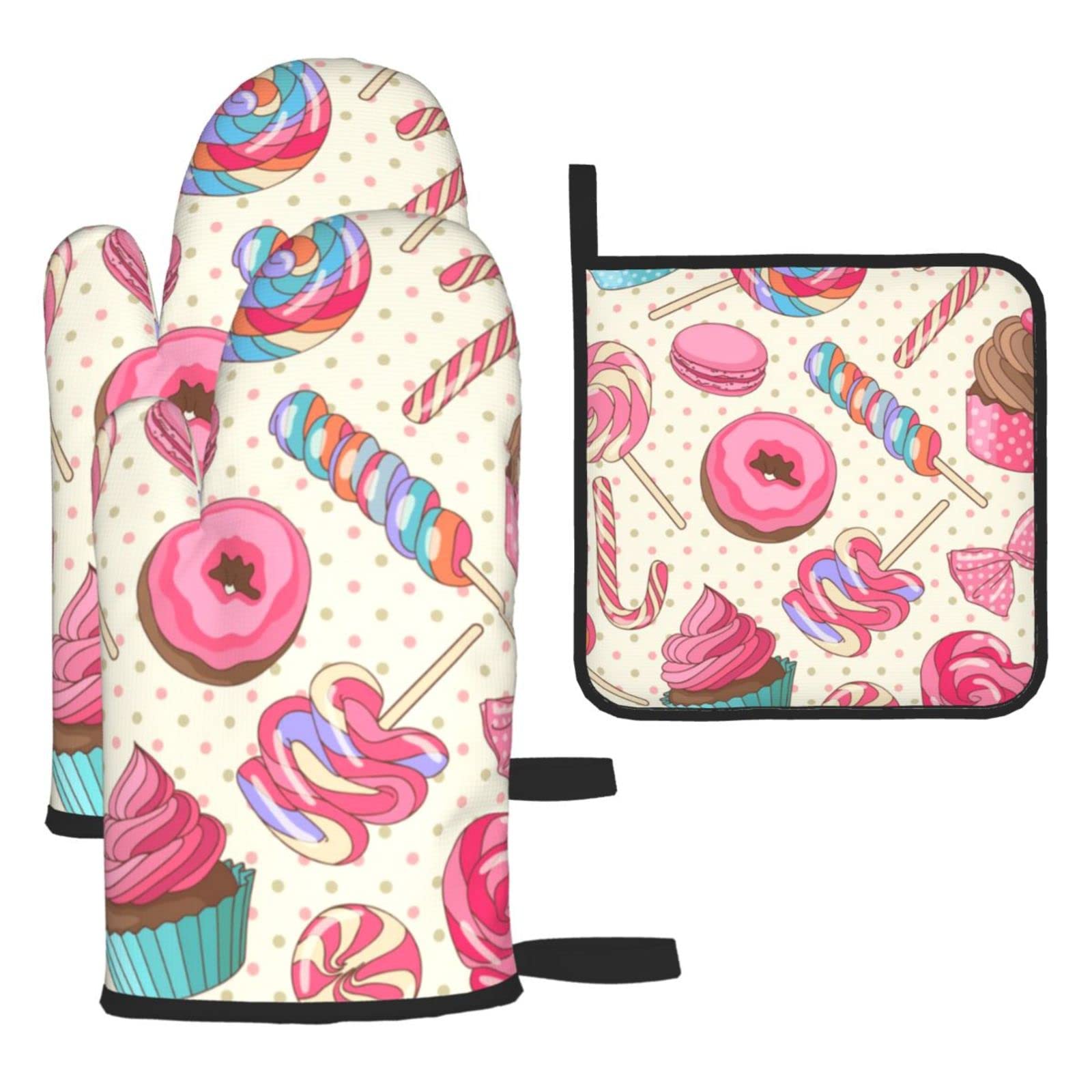 Colorful Sweet Lollipop Cupcake Donut Printed Kitchen Baking Three-Piece Heat-Resistant Thick Cotton Oven Gloves for Cooking and Baking.