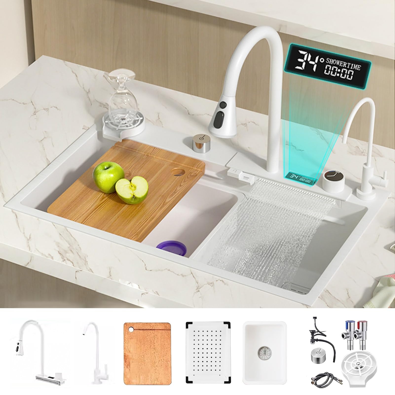 ZQFHSX Kitchen Sink, Waterfall LED Sink in White, with Multifunctional Faucet and Miscellaneous White Accessories, 304 Stainless Steel (Color : Size 80x45cm)