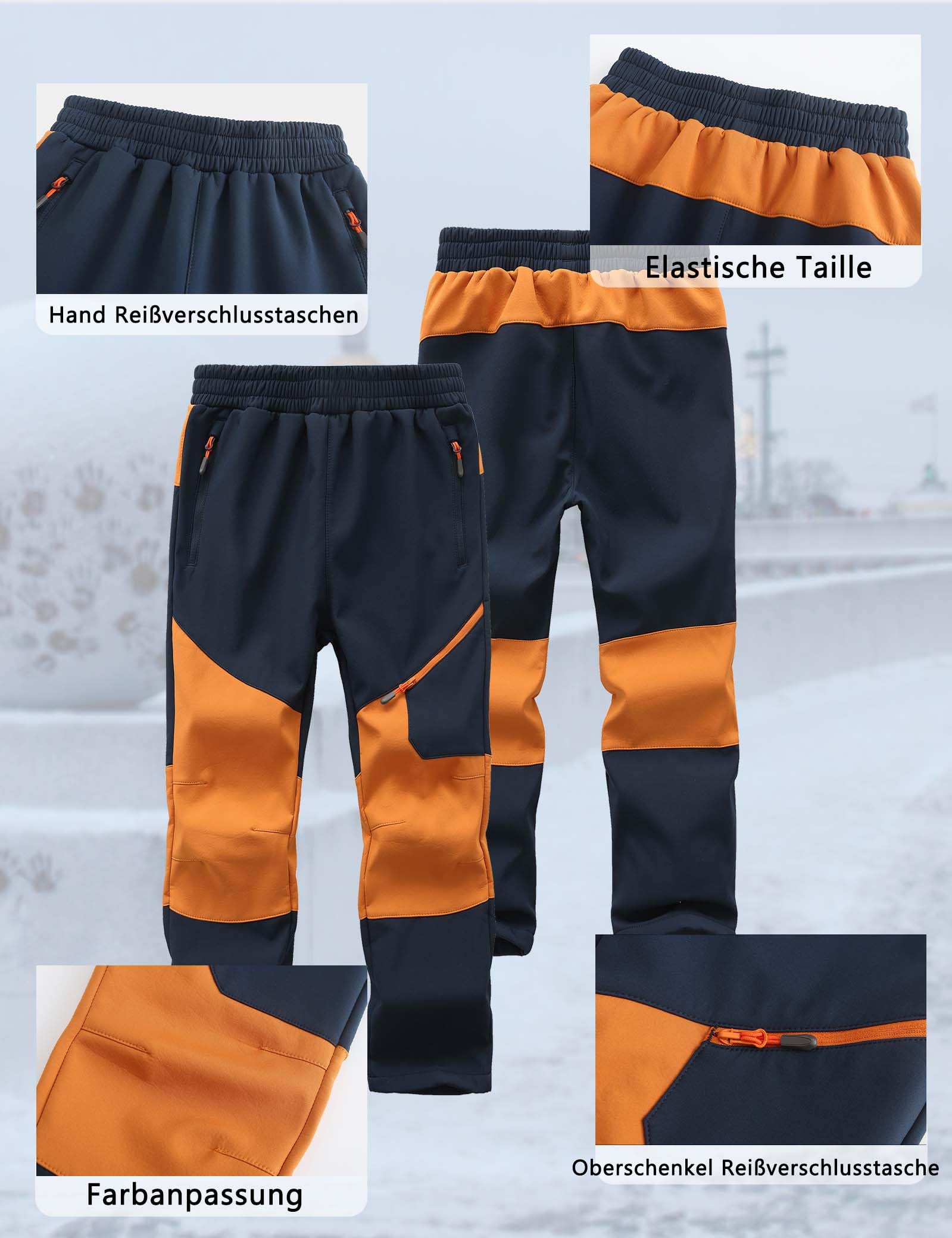 Pantaloni Impermeabili della Neve del Ragazzo Youth Fleece Lind Hiking Softshell Caldo Isolato Pantaloni-Navy Blue+Orange-146-152