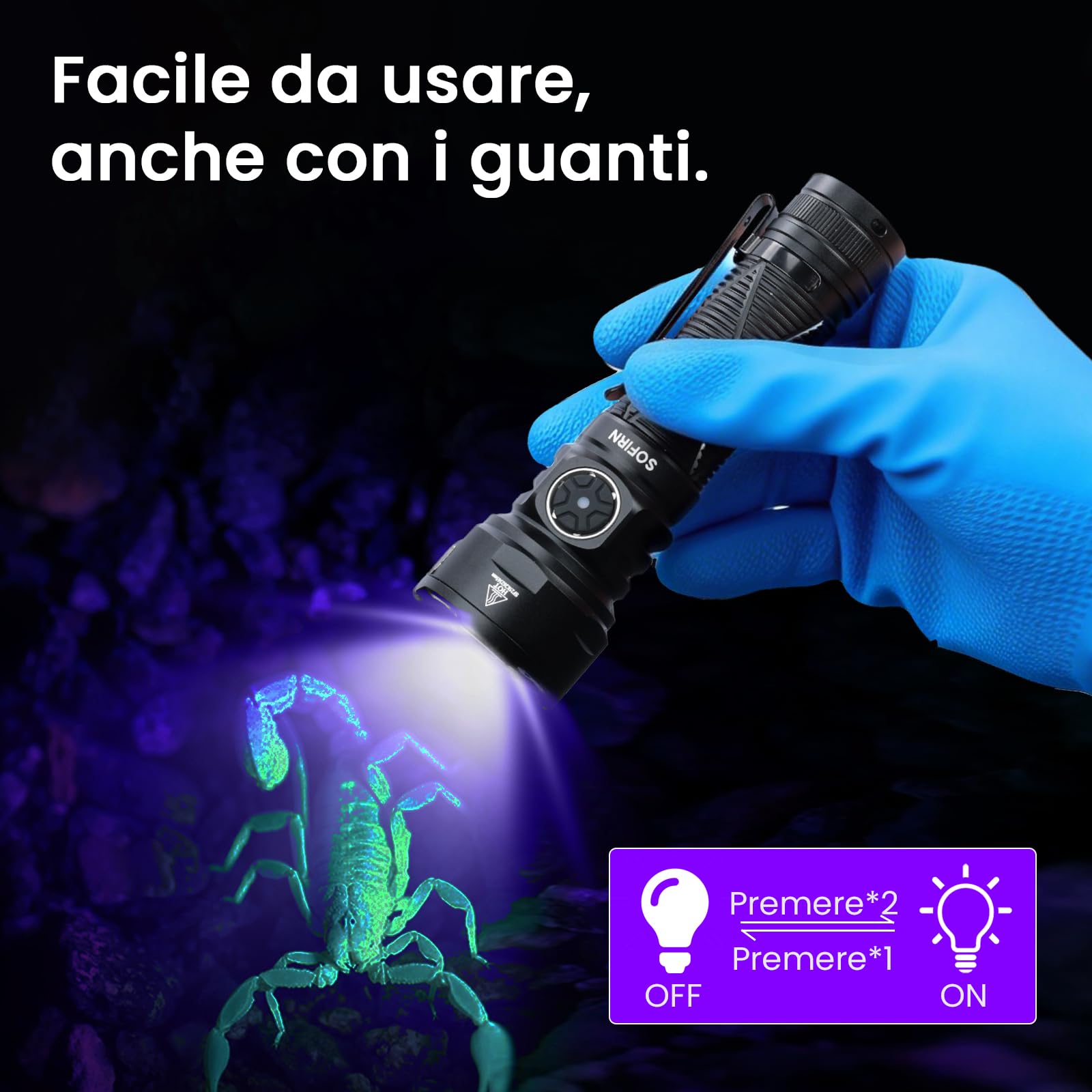 Sofirn SR15 Torcia UV 365nm, Torcia Ricaricabile a Luce Ultravioletta Nera, Impermeabile IPX8 per Minerali, Ricerca di Ambra, Rilevamento Urina di Animali Domestici, Resina, Viaggi