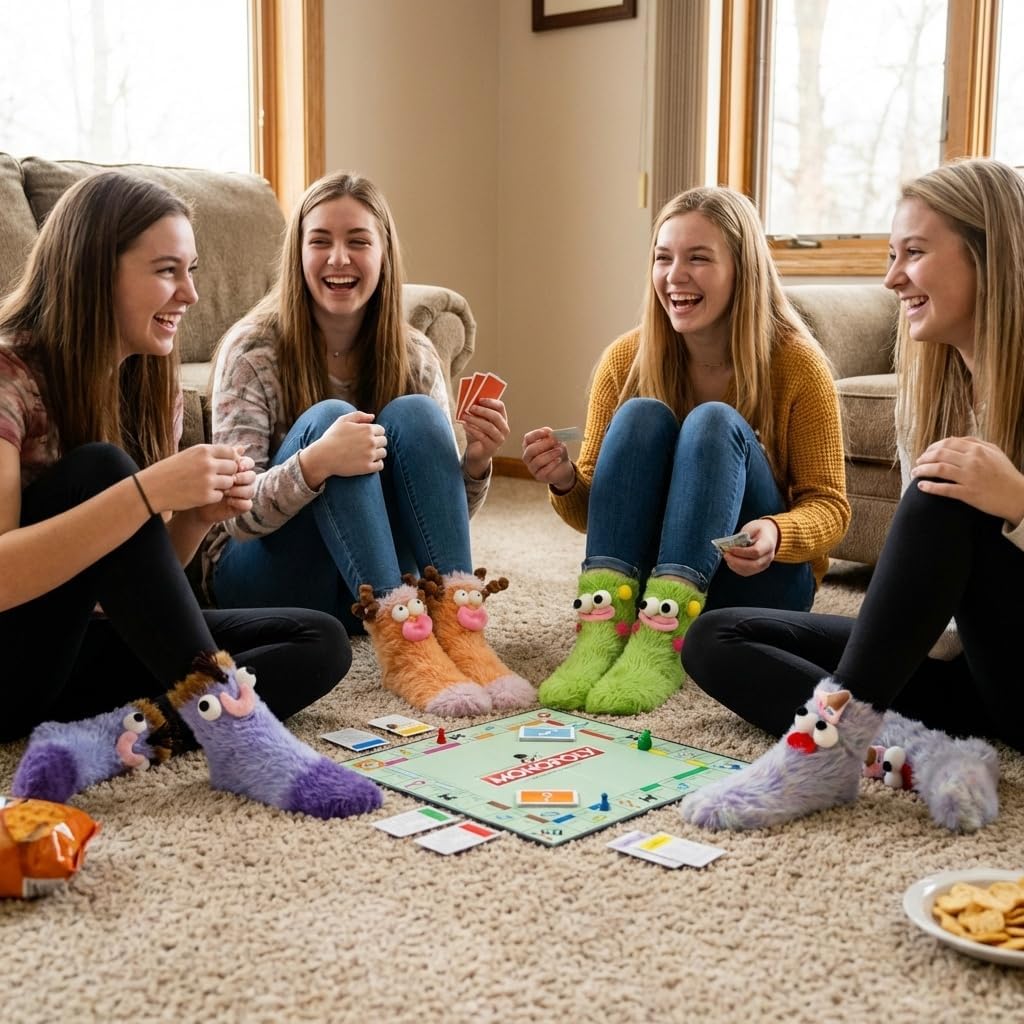 4 Pair Funny Crazy Socks for Women Novelty 3D Cute Animal Fuzzy Socks Soft Faux Mink Plush Crew Socks for White Elephant Gifts Sewn-on Eyes Stretchy Breathable Sleep Socks - Image 2