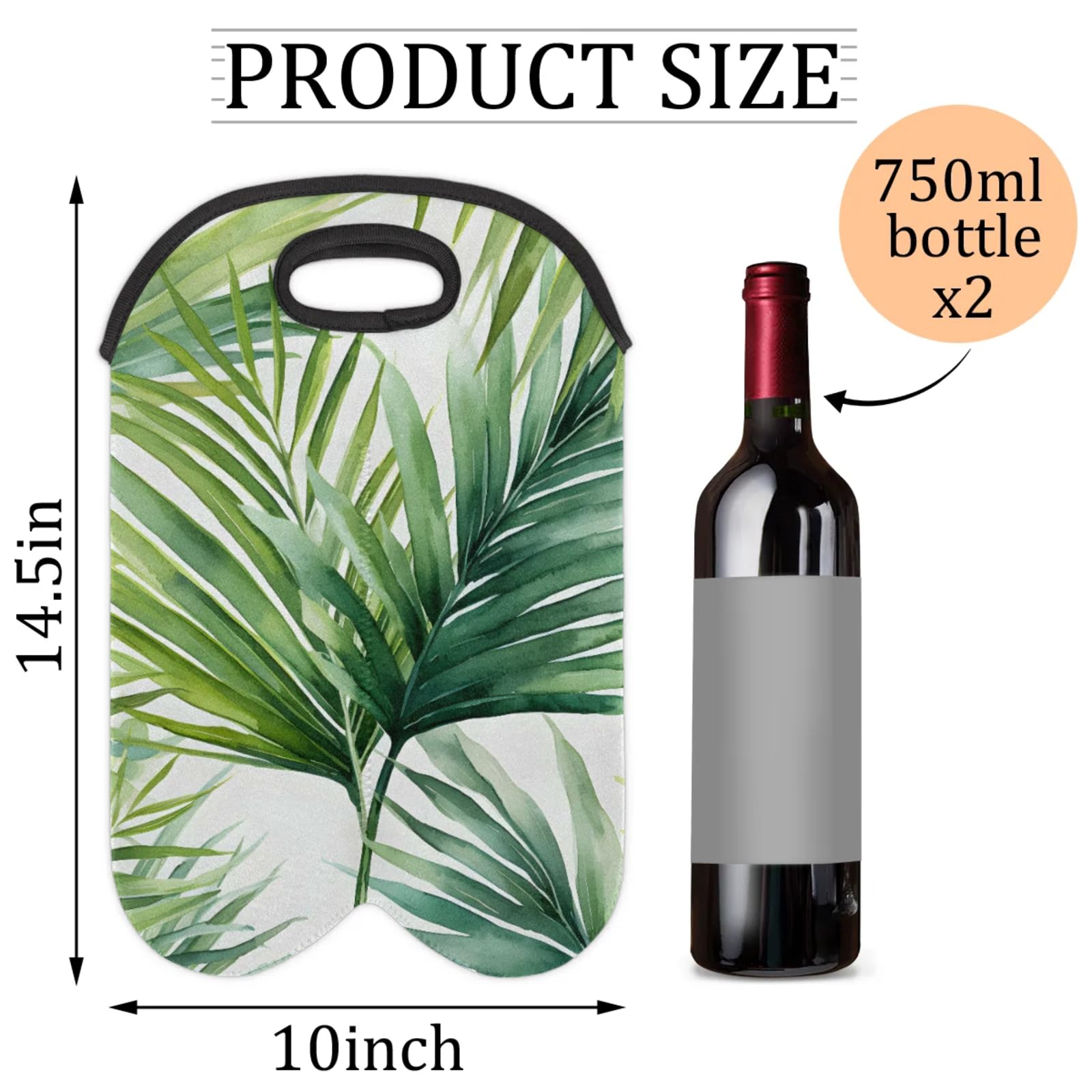 2 Bottles Green Palm Leaves Wine Bag Sleeve Totes Neoprene Protective Wine Carrier Bag for Wine,Water, Champagne, Beer, Baby Bottles,Gift 14.5 x 10 Inches