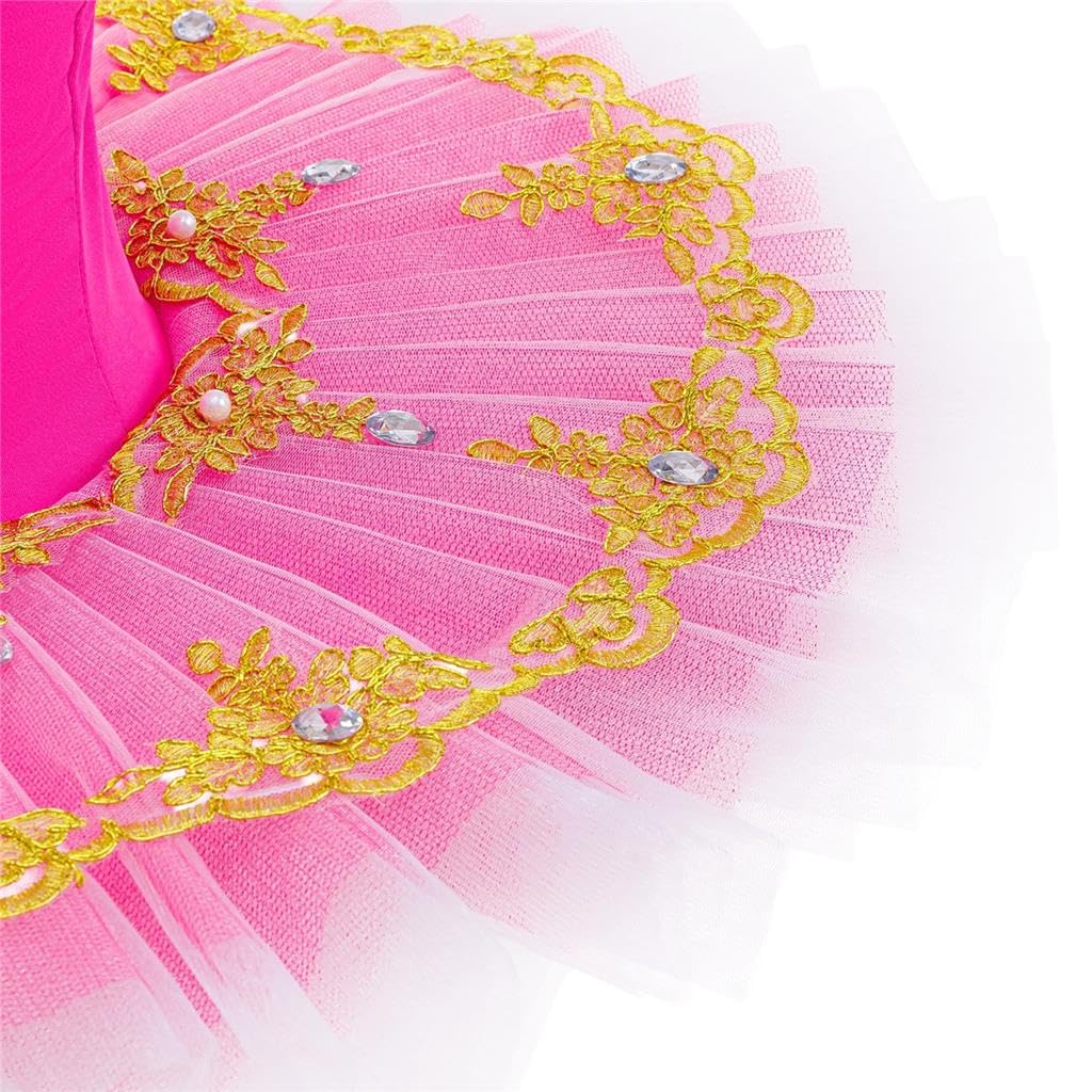 Lito Angels Vestido Tutú de Ballet para Niña, Traje de Bailarina con Aplique Dorado y Pedrería, Ideal para Baile Actuaciones Escuela Fiesta y Sesiones de Fotos