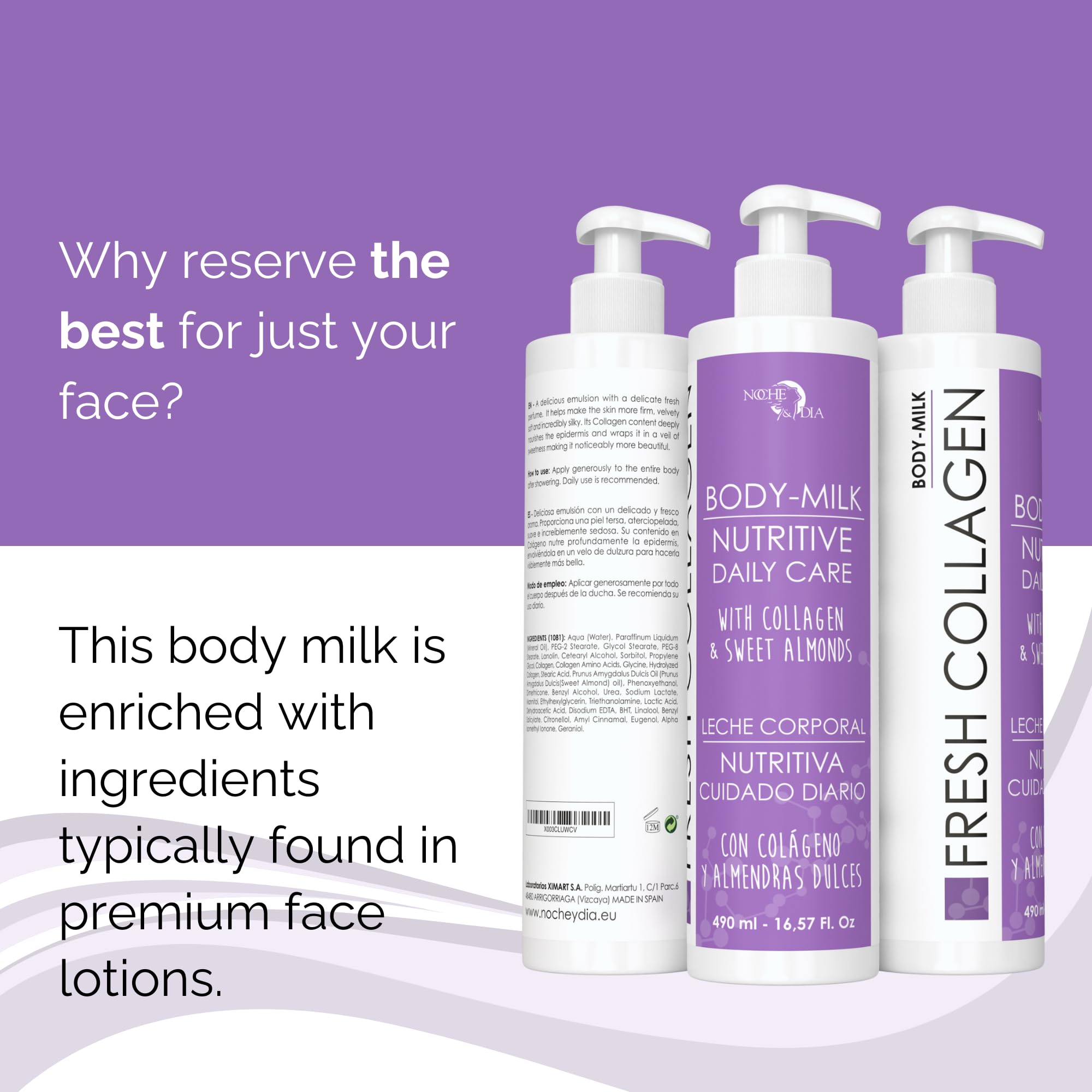 Noche Y Dia Frische Kollagen-Körpermilch, feuchtigkeitsspendende und straffende Lotion für trockene Haut, mit Milchsäure und Glycin, 500 ml