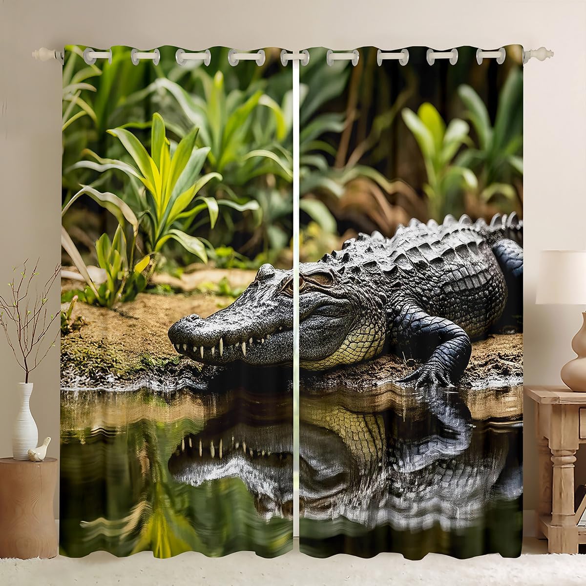 Erosebridal Alligator Window Curtain Panels, American Alligator Window Drapes for Kids Boys Teens, Rain Tree Curtains Animal Brown Window Treatment Set Adult Bedroom Decor 84"X63"