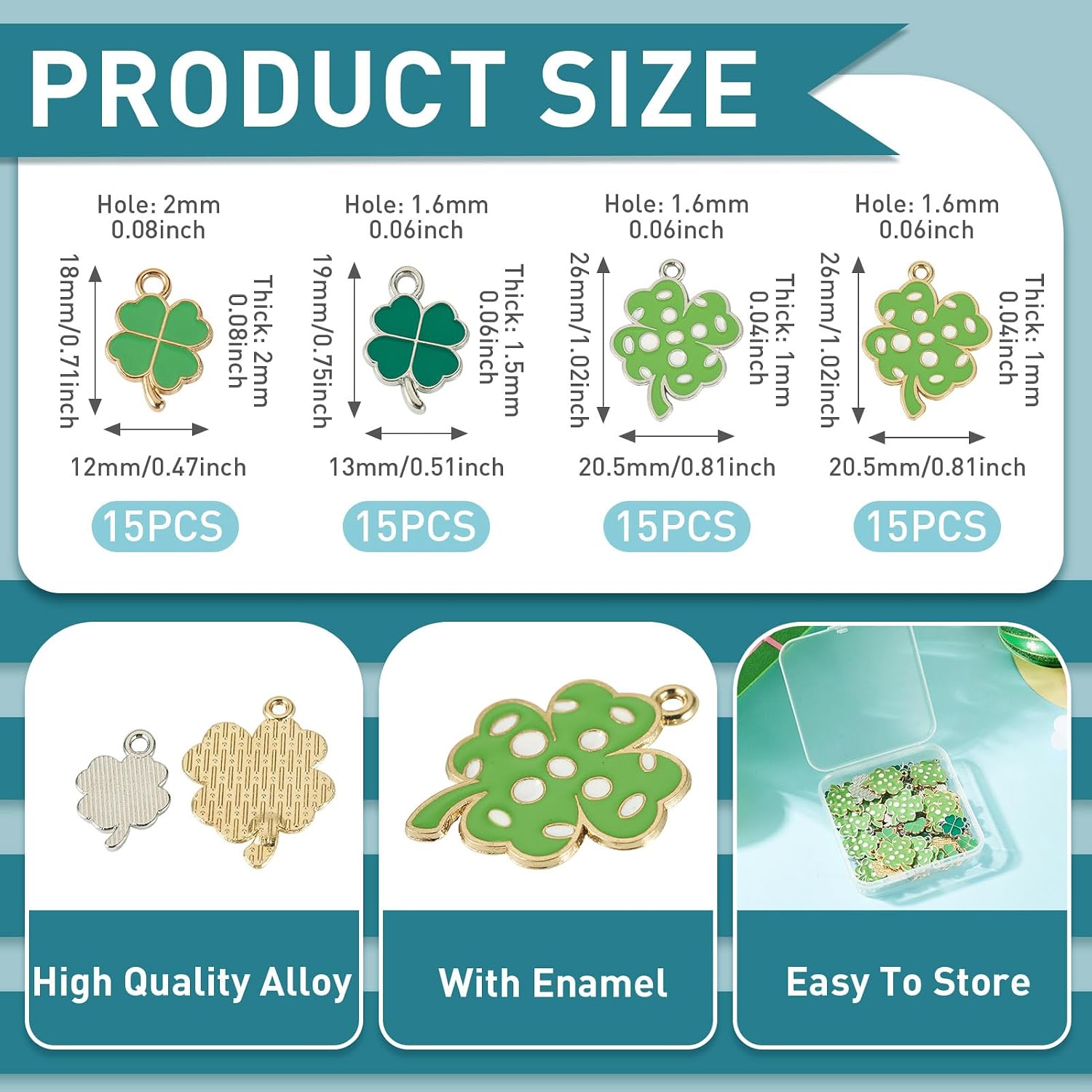 Patrick's Day Four Leaf Clover Charms Lucky Four Leaf Charm Green Enamel Leaf Charms for Keychain Making Kits Bag Charm Decoration DIY Jewelry Making Craft image 3