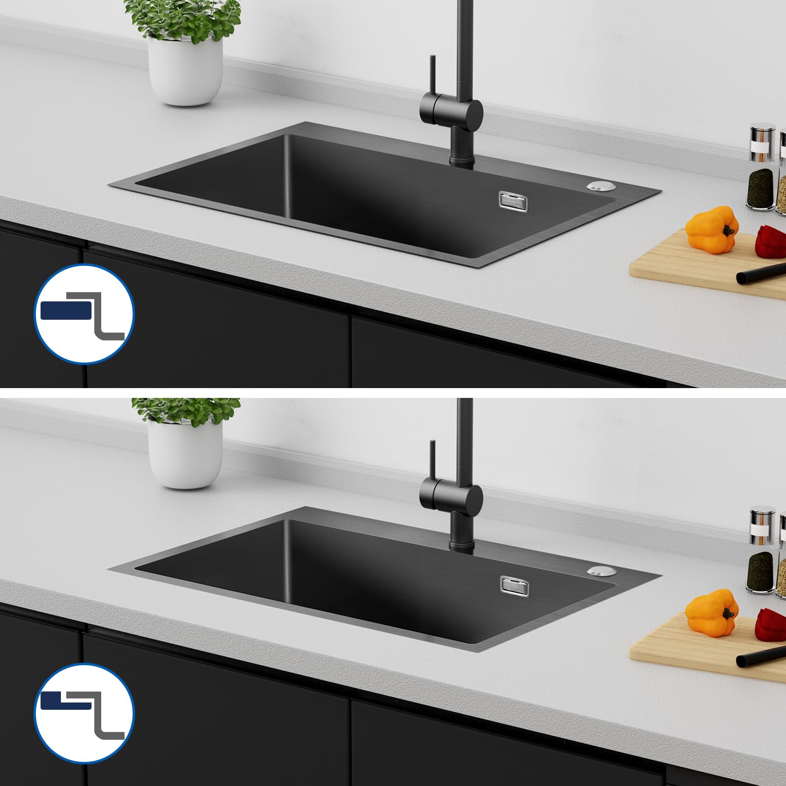 Produktbild von KELINGOUD Edelstahl Spülbecken Schwarz 55x45cm - Mit Ausziehbarem Wasserhahn