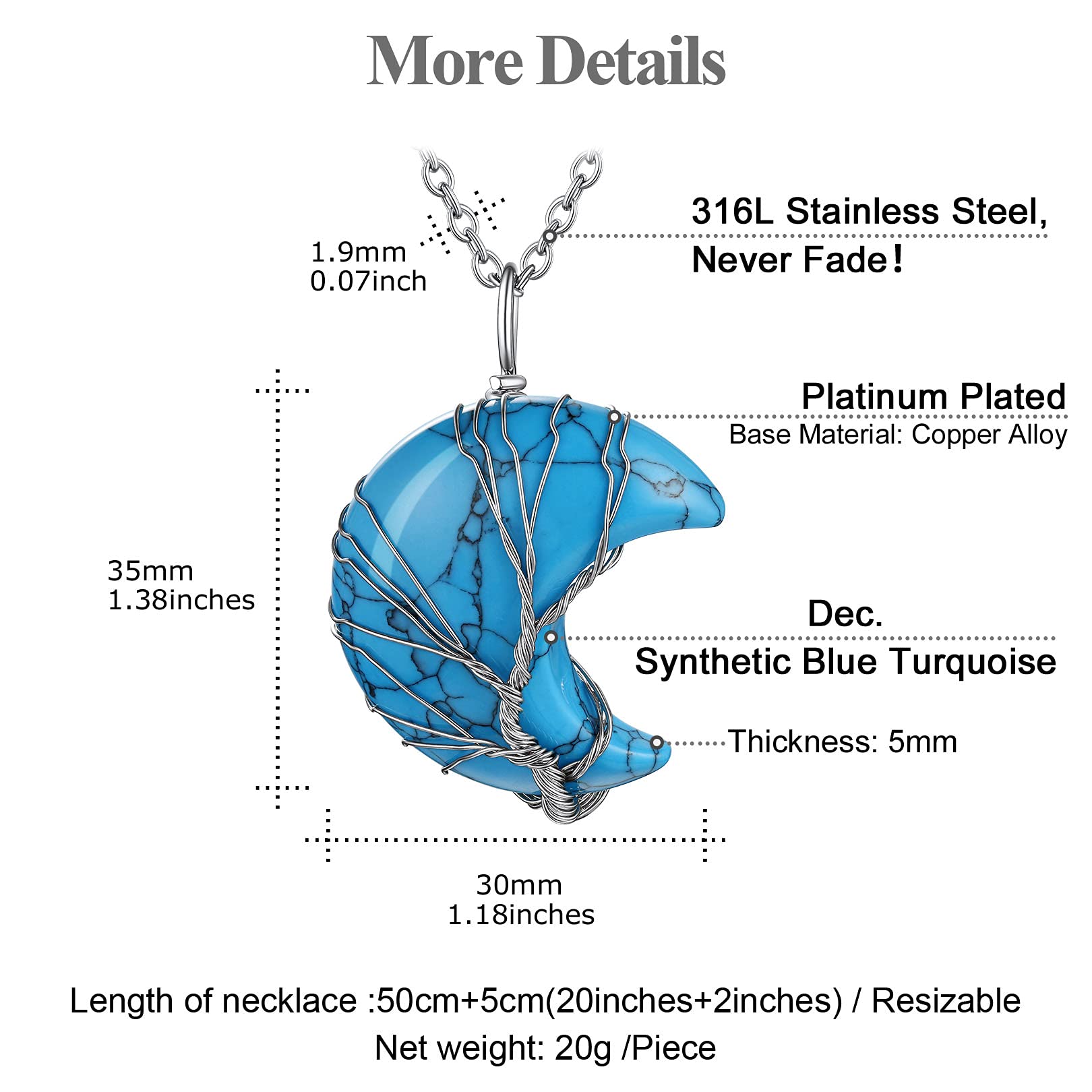 FOCALOOK Collier Femme Arbre de Vie Pierre de Naissance Naturelle/Synthétique - Pendentif en Croissant/Coeur avec Chaîne Fine Acier Réglable 50+5cm
