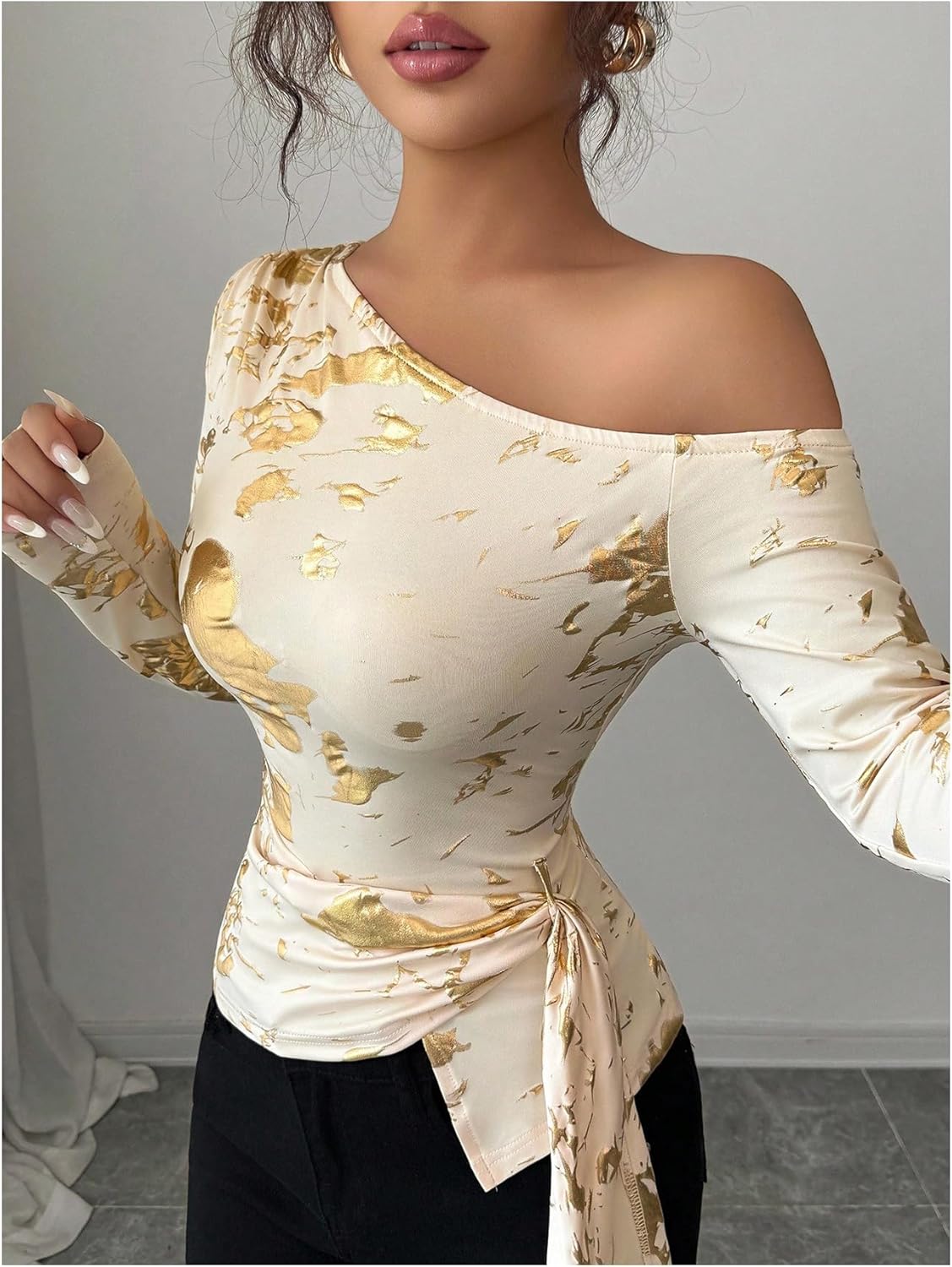 Floerns Women's Elegant Off The Shoulder T Shirts Long Sleeve Wrap Front Fall Outfit Tee Tops - Image 2