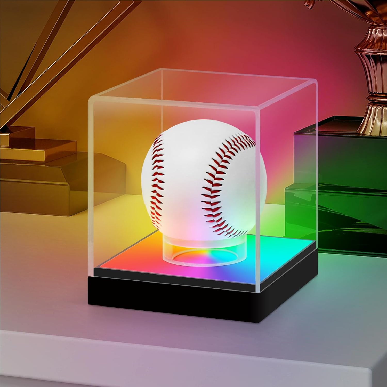 LASOA Baseball Display Case with RGBW LED Light, Acrylic Display Box for Memorabilia, UV Protection Dust Proof for Autographed Ball with Ball Stand, 4x4x4 Inch