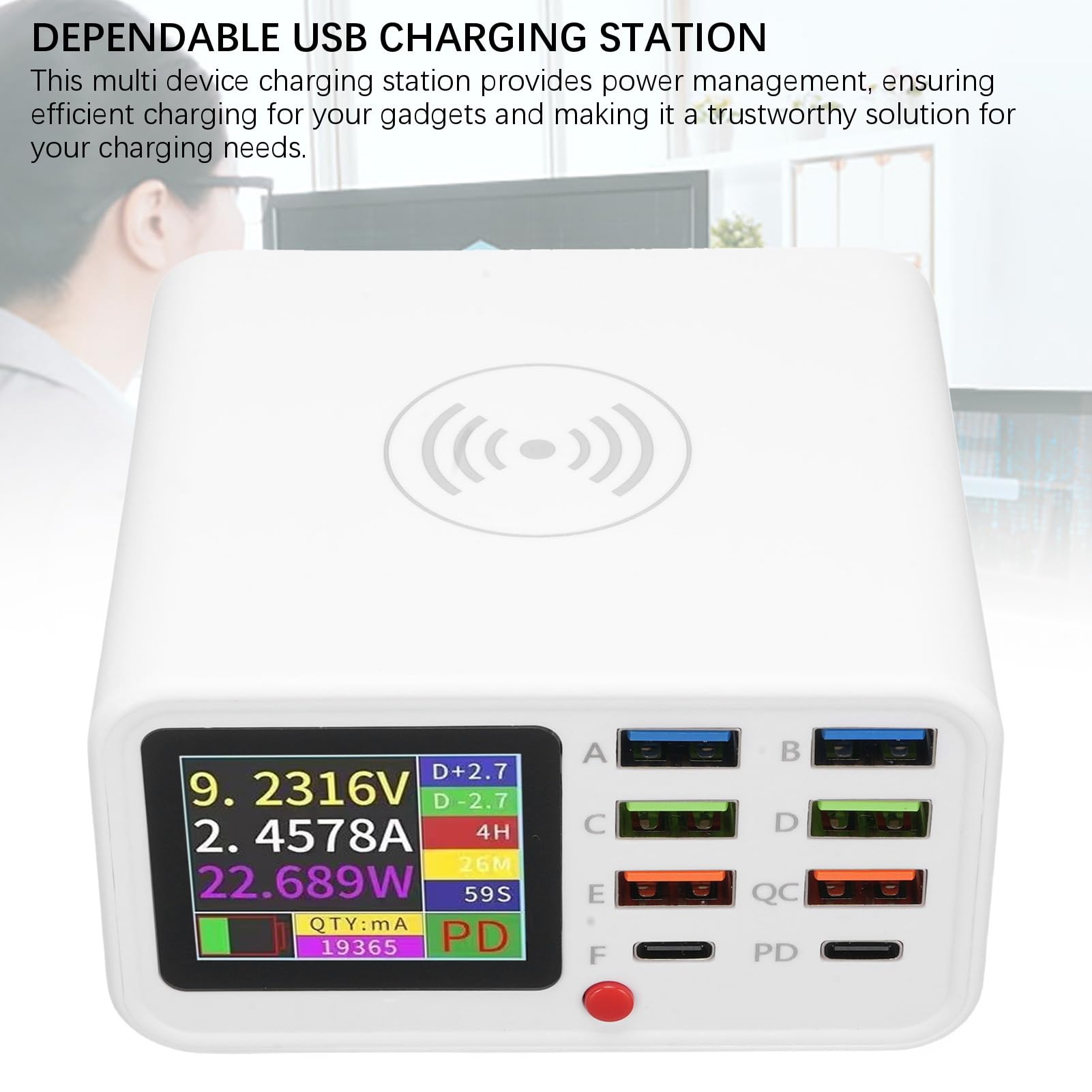 banapoy Estación Carga USB 65W y 8 Puertos, Concentrador Carga Rápida Múltiples Dispositivos con Inalámbrica y Pantalla Visualización, para Tabletas Teléfonos Inteligentes (Enchufe de la UE)