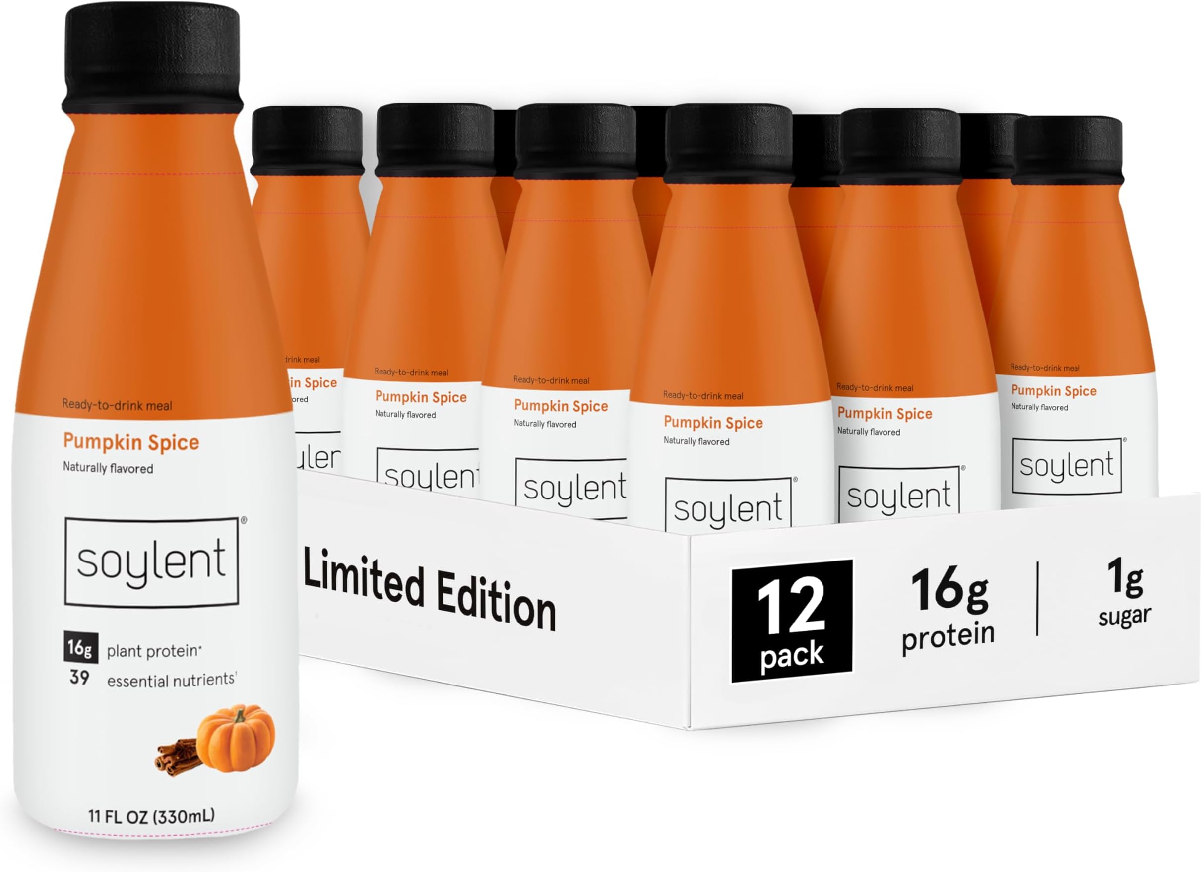 Soylent Complete Meal Replacement Shake Pumpkin Spice 16 g Complete Protein Ready to Drink Plant Based Protein Drink 1 g Sugar, 311.8 g (12 Pack)