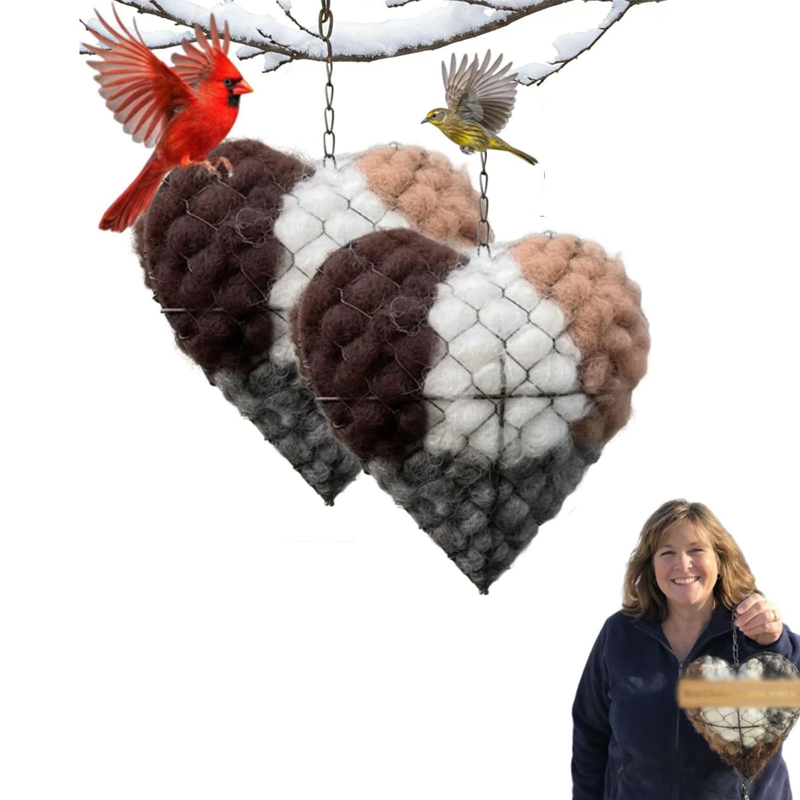 Handgefertigte Faser-Vogel-Nistherz, natürlicher Wildvogel-Nistmaterialhalter, nachfüllbarer Wollspender für Garten im Freien, Naturgeschenke für Vogelliebhaber (2 Stück)