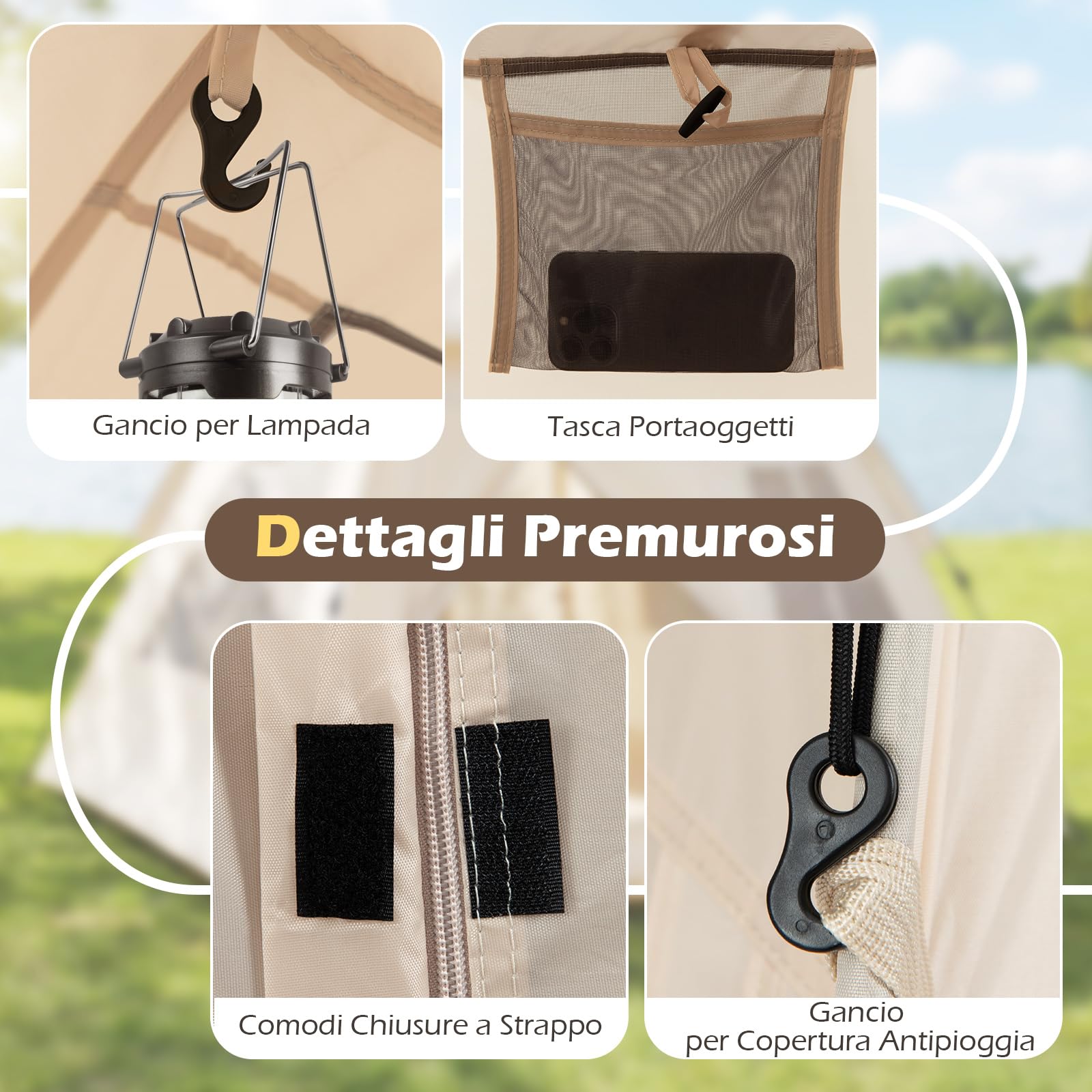 COSTWAY Tenda da Campeggio per 3-4 Persone, Tenda da Spiaggia Protezione Solare con Copertura Antipioggia Rimovibile, 2 Porte, 4 Finestre Traspiranti e Borsa per il Trasporto, Facile Installazione