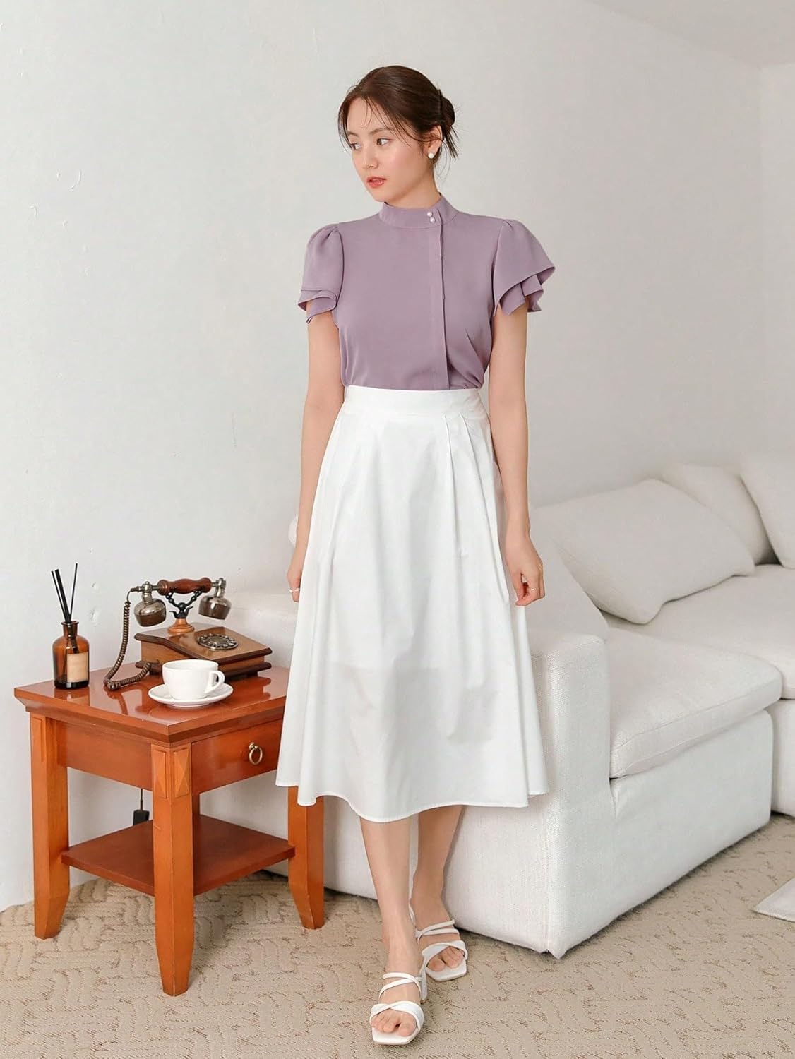 Women's Classic-Fit Shirt Mock Neck Sleeve Button Front Blouse