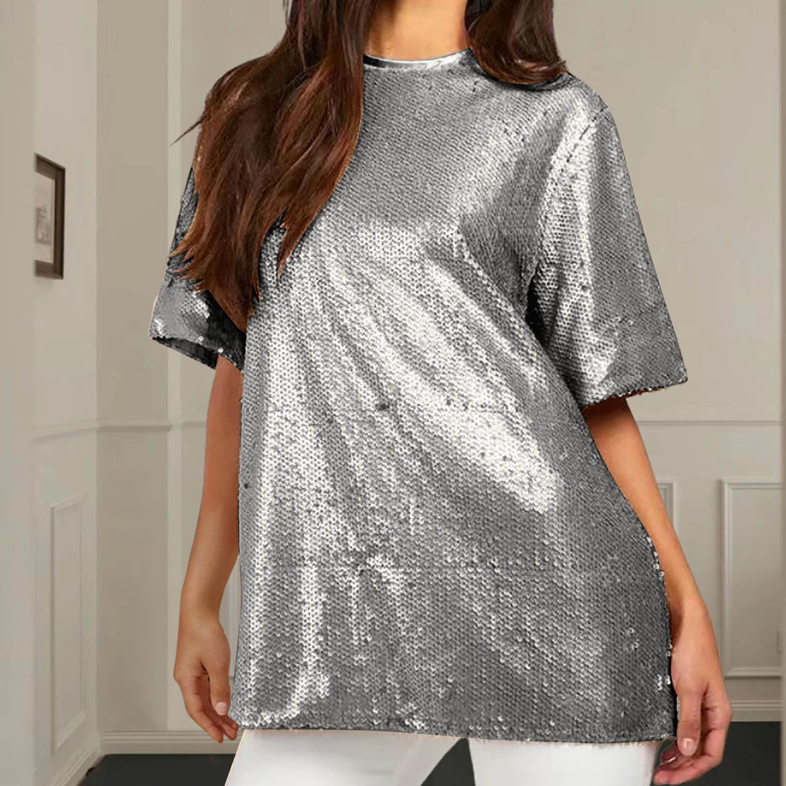 Camisetas Manga Corta Mujer,Camiseta Mujer de Cuello Redondo Moderna Manga Larga Top Cocktail Curvy Top de Lentejuelas para Mujer Blusas de Mujer Elegantes Parte Superior de Fiesta