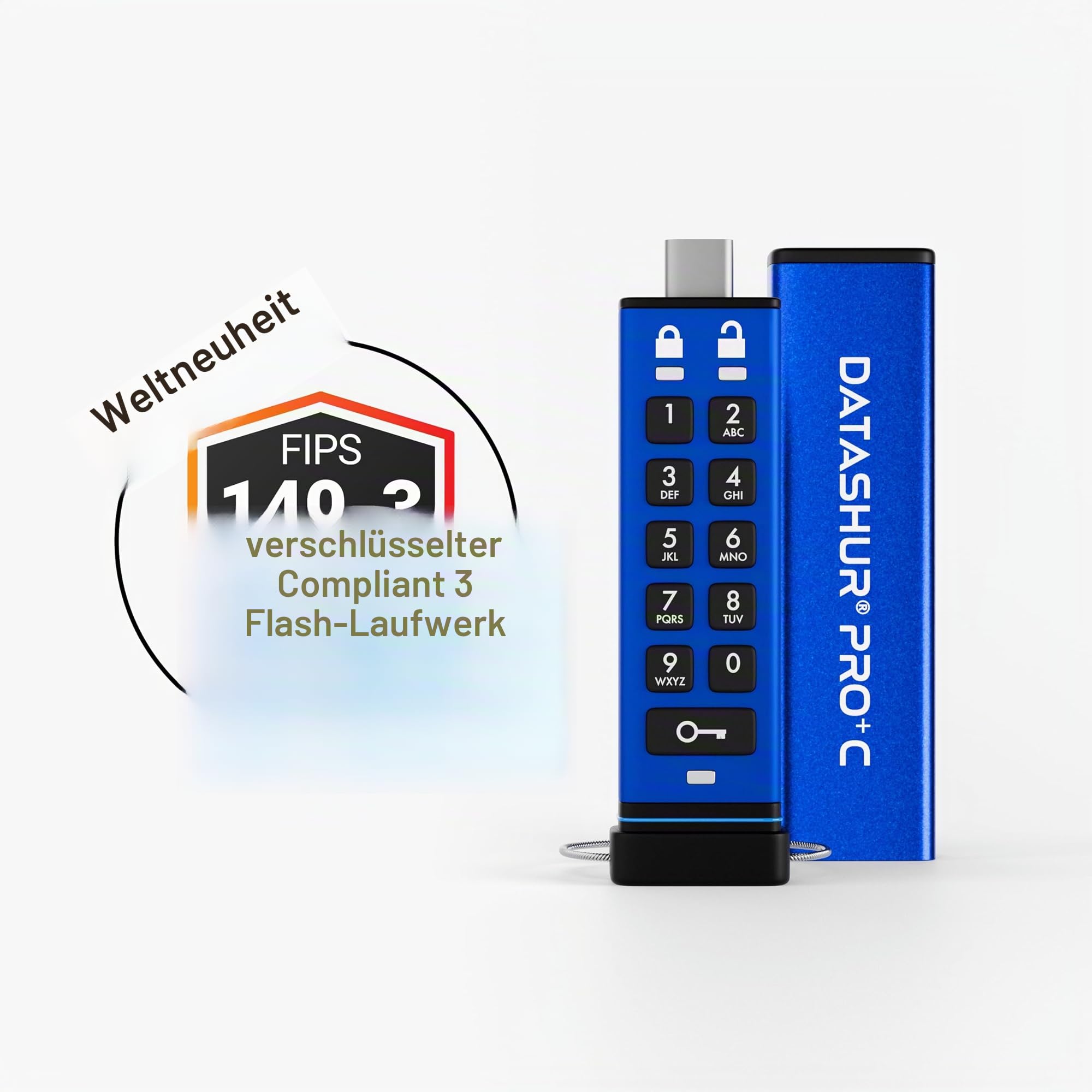 iStorage datAshur Pro+C 32 GB – Sicherer USB-Stick Typ C – FIPS 140-3 Level 3 Zertifiziert – geschützt durch PIN-Code – Adapter Typ C-A inklusive