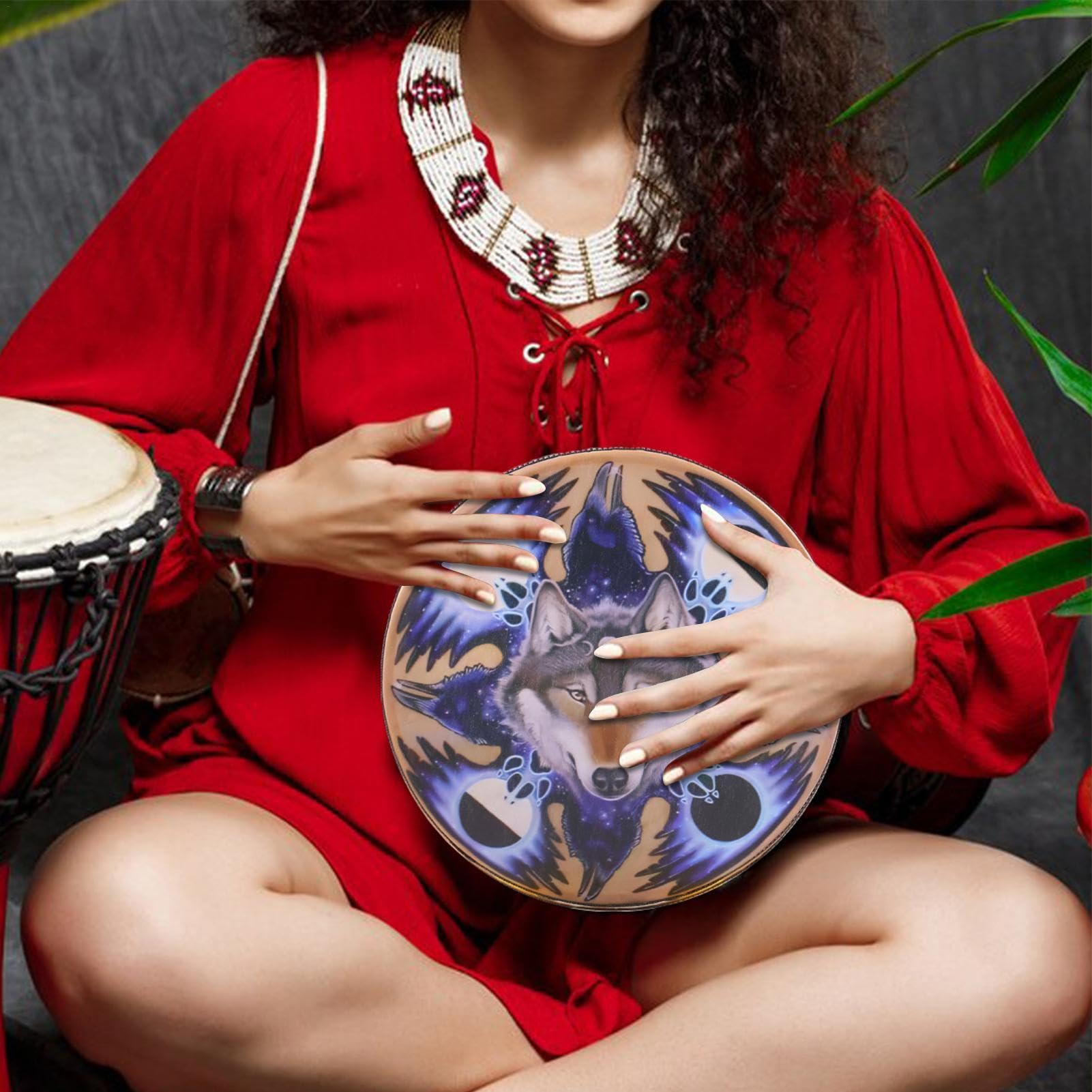 Tambores de mano chamán para adultos,Tambor chamán - Tambor chamán instrumental Sound Healer de 9 pulgadas,Wolf Head Design Instrumental Shaman, auténtico tambor siberiano para la