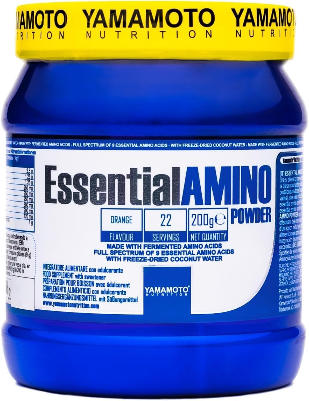 YAMAMOTO Nutrition, Essential AMINO POWDER 200 gr, Integratore Amminoacidi Essenziali Fermentati e Ramificati BCAA 4:1:1, Integratore per Sportivi, Gusto Arancia