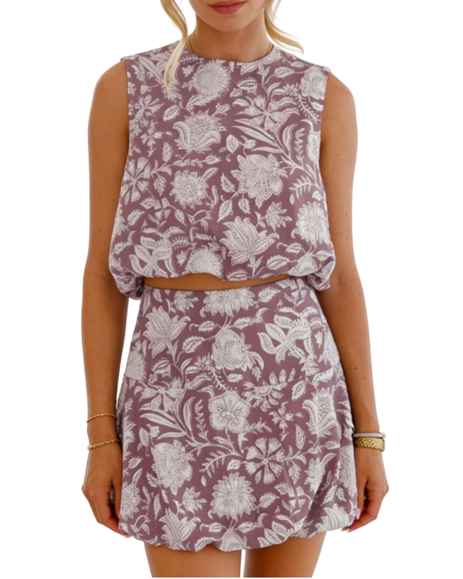 Feclmiyt Women Floral Skort Sets Sleeveless Crop Top and Bubble Mini Skirts Set (A-Multi-Color, M)