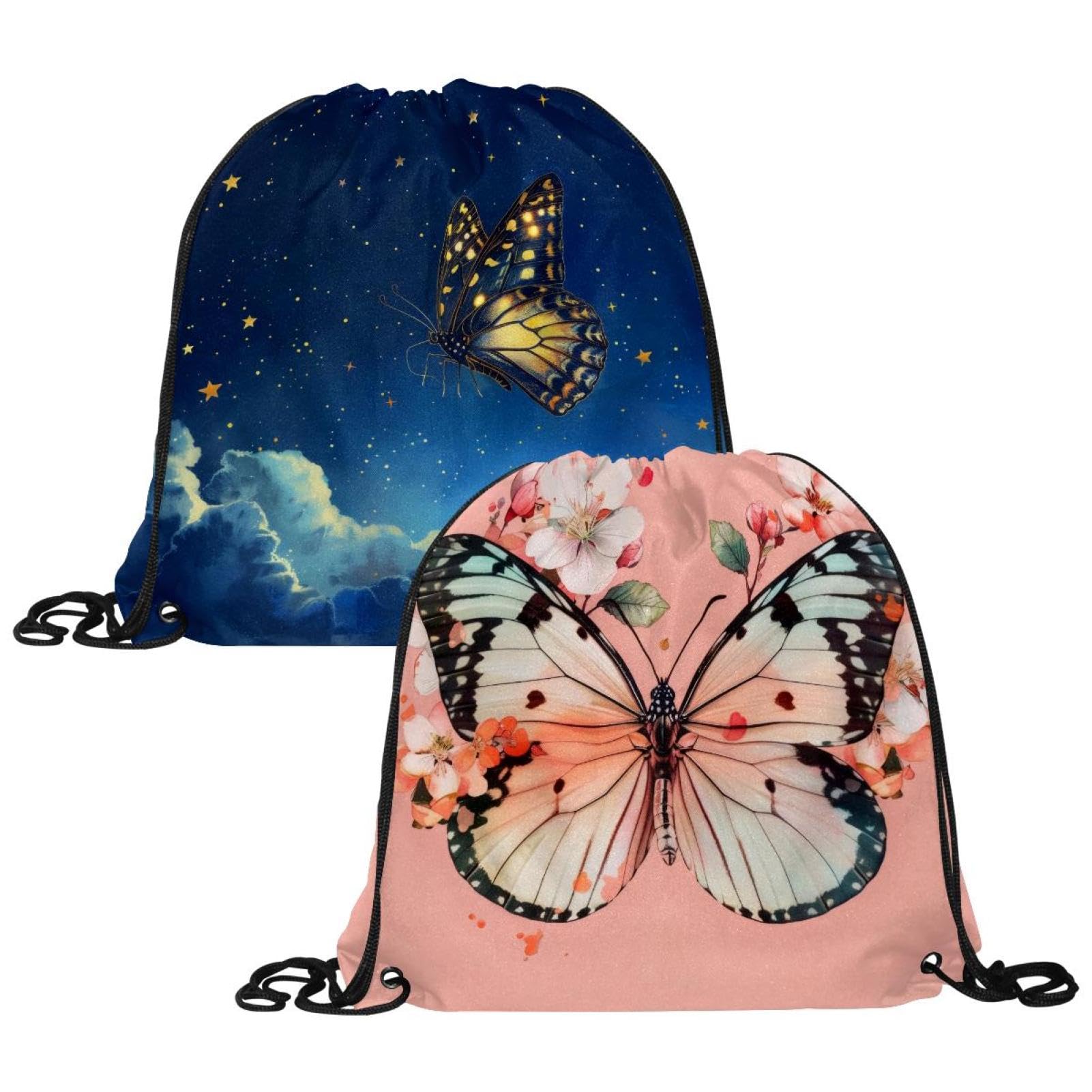 2 Pcs Drawstring Bags, Butterfly Flowers Swim PE Bags Drawstring Gym Bag for Kids Adults String Swimming Sports Backpack for School Sports Swimming Gym Travel
