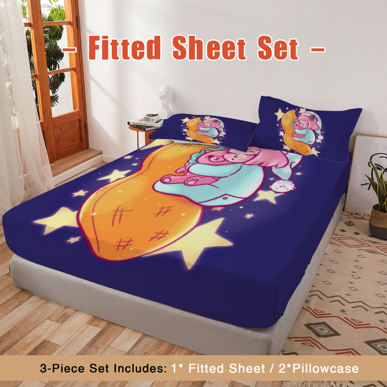 Allenjoy Twin Size Sleeping Child Illustration Fitted Sheet Glowing Stars Bed Sheets Bedding Set Deep Pockets Up to 16