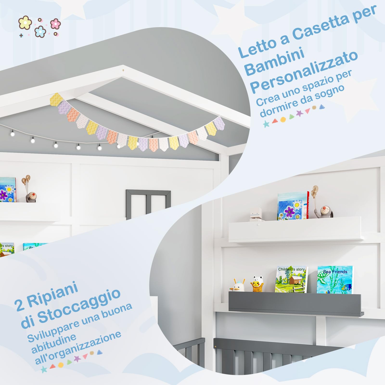COSTWAY Letto per Cameretta a Forma di Cassetta 90 x 200 cm, per Bambini Struttura di Legno di Pino, Letto Casetta Montessori con 2 Ripiani Mensole e Protezione Anticaduta, Bianco e Grigio
