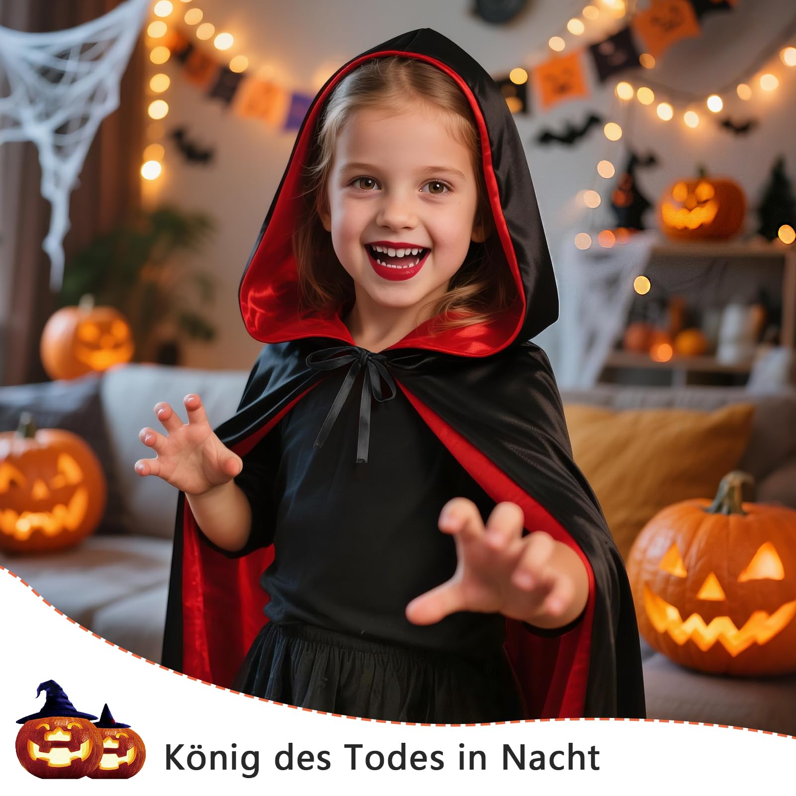 ZOOMPIL Cape Vampire Noire 120 Cm + Masque Citrouille – Déguisement Halloween Enfant Et Adulte – Carnaval, Soirée Costumée
