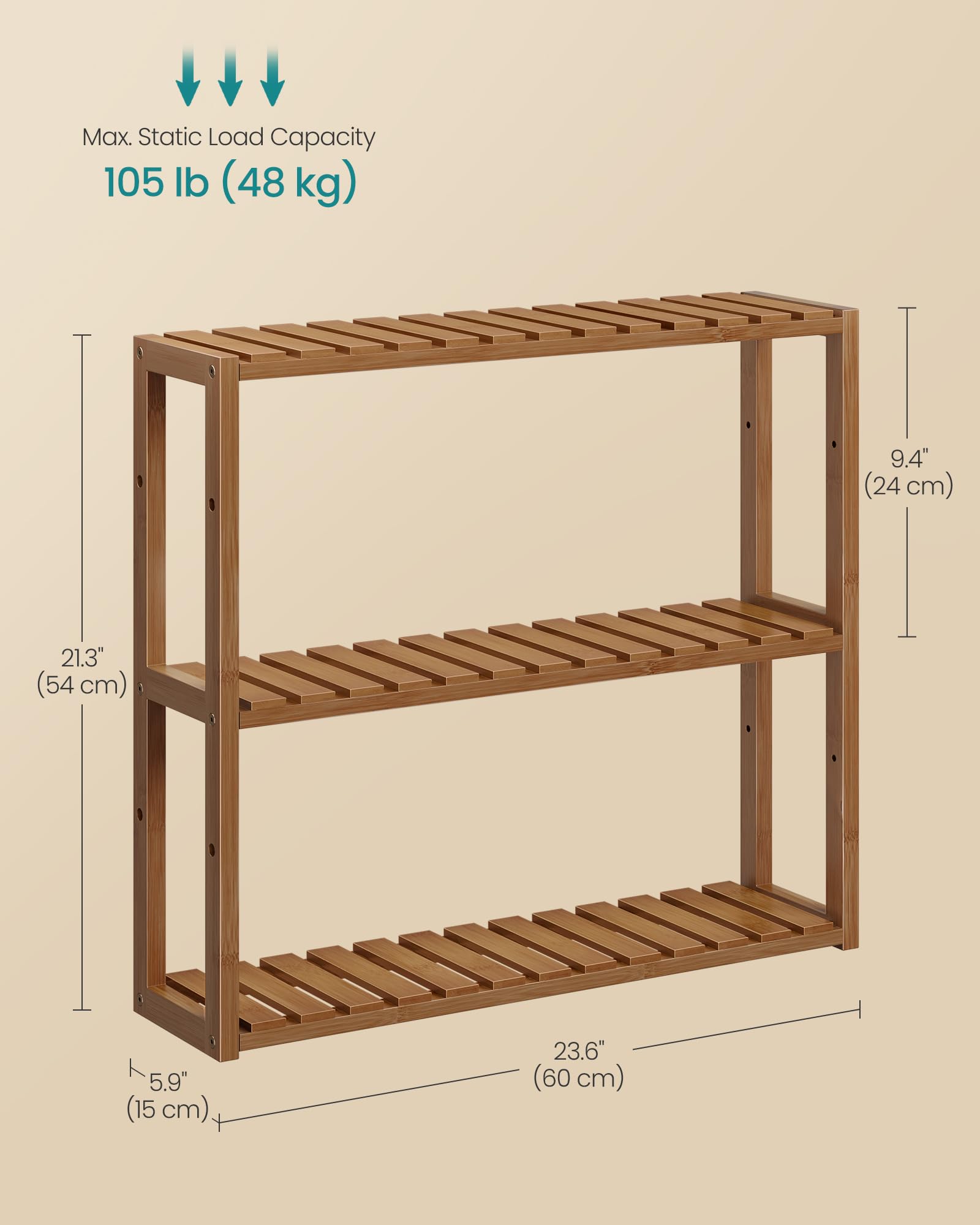 SONGMICS Mensola da bagno in bambù, 3 ripiani, regolabile, da parete o da appoggio, in soggiorno, balcone, cucina, 15 x 60 x 55 cm, marrone caffè UBCB013K01